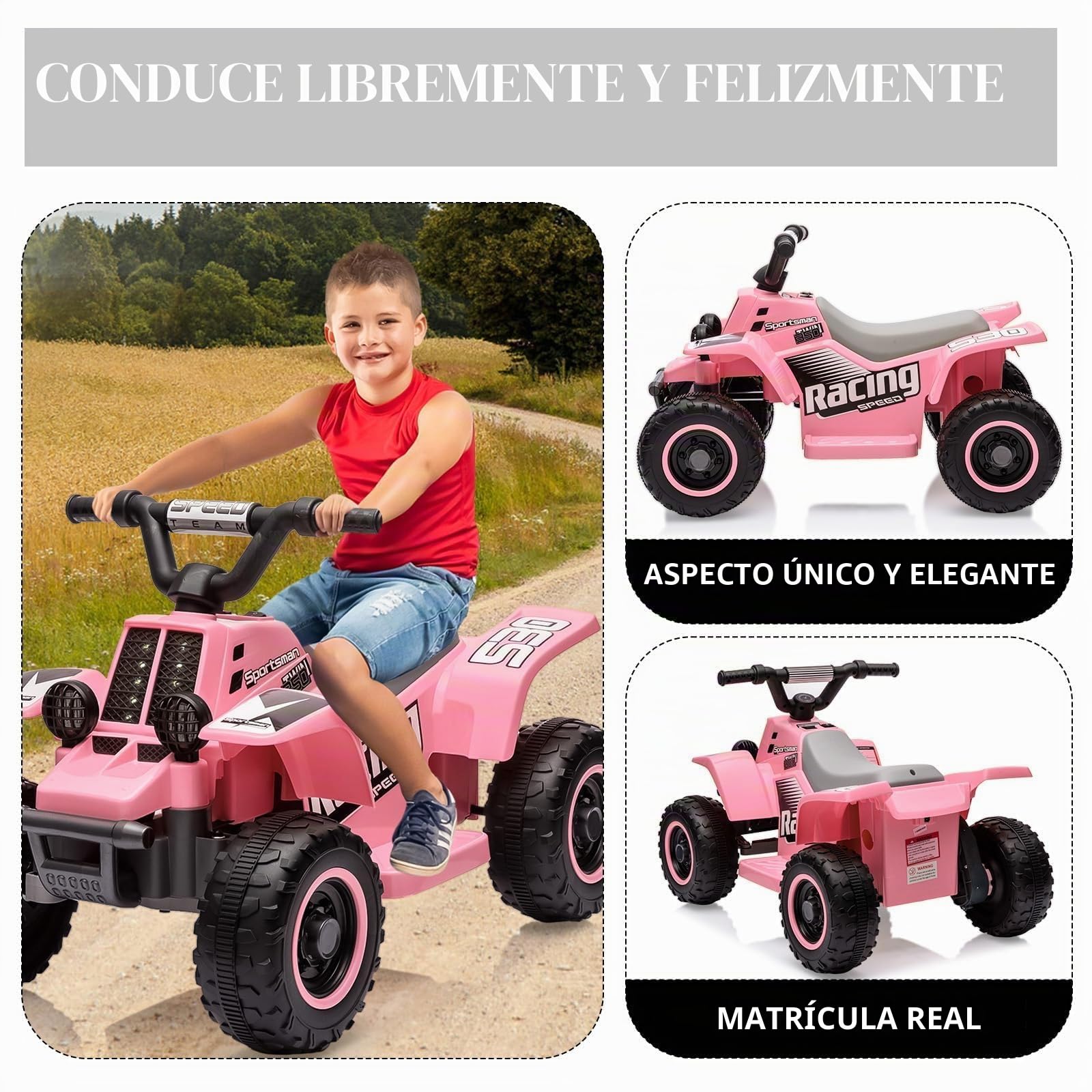 Quad Eléctrico Niño 6V, Coche Eléctrico para Niños de 3 a 6 Años, con LED Y Música, 1,8 km/h con Botón, Arranque de Larga Autonomía,Rosa
