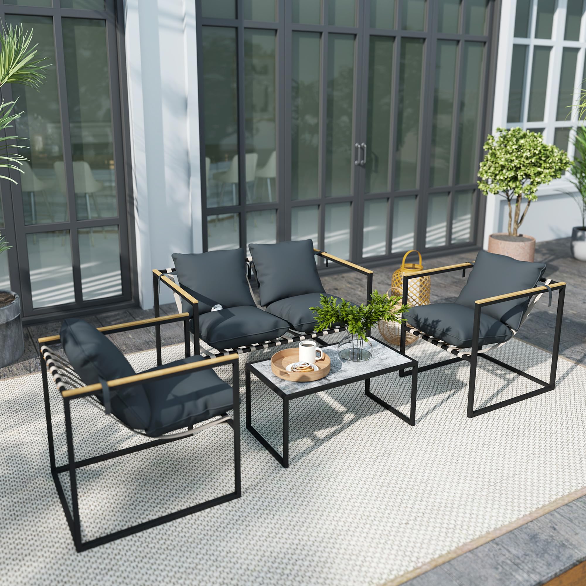 Outsunny Stahl Gartenmöbel Set 4 Personen wetterfest Balkonmöbel-Set mit 2er Sofa 2 Sessel, Sitzkissen, Beistelltisch, Outdoor Sitzgruppe Terrassenmöbel Gartengarnitur für Garten Terrasse Balkon Grau