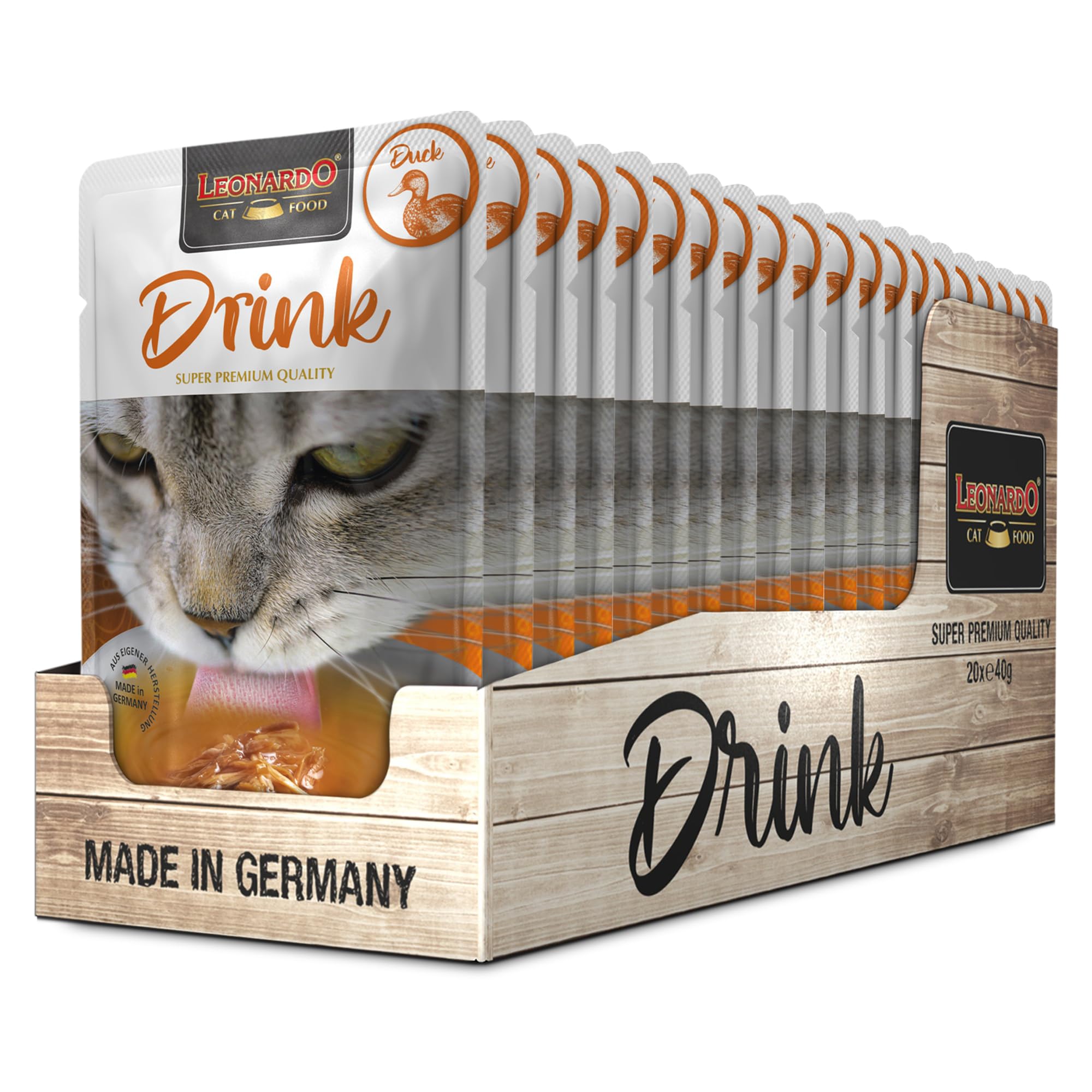 LEONARDO Drink Duck [20x40g Drink au Canard] Boisson pour Chats | Bouillon de Viande sans céréales avec lamelles de Viande | Complément Alimentaire pour Chats
