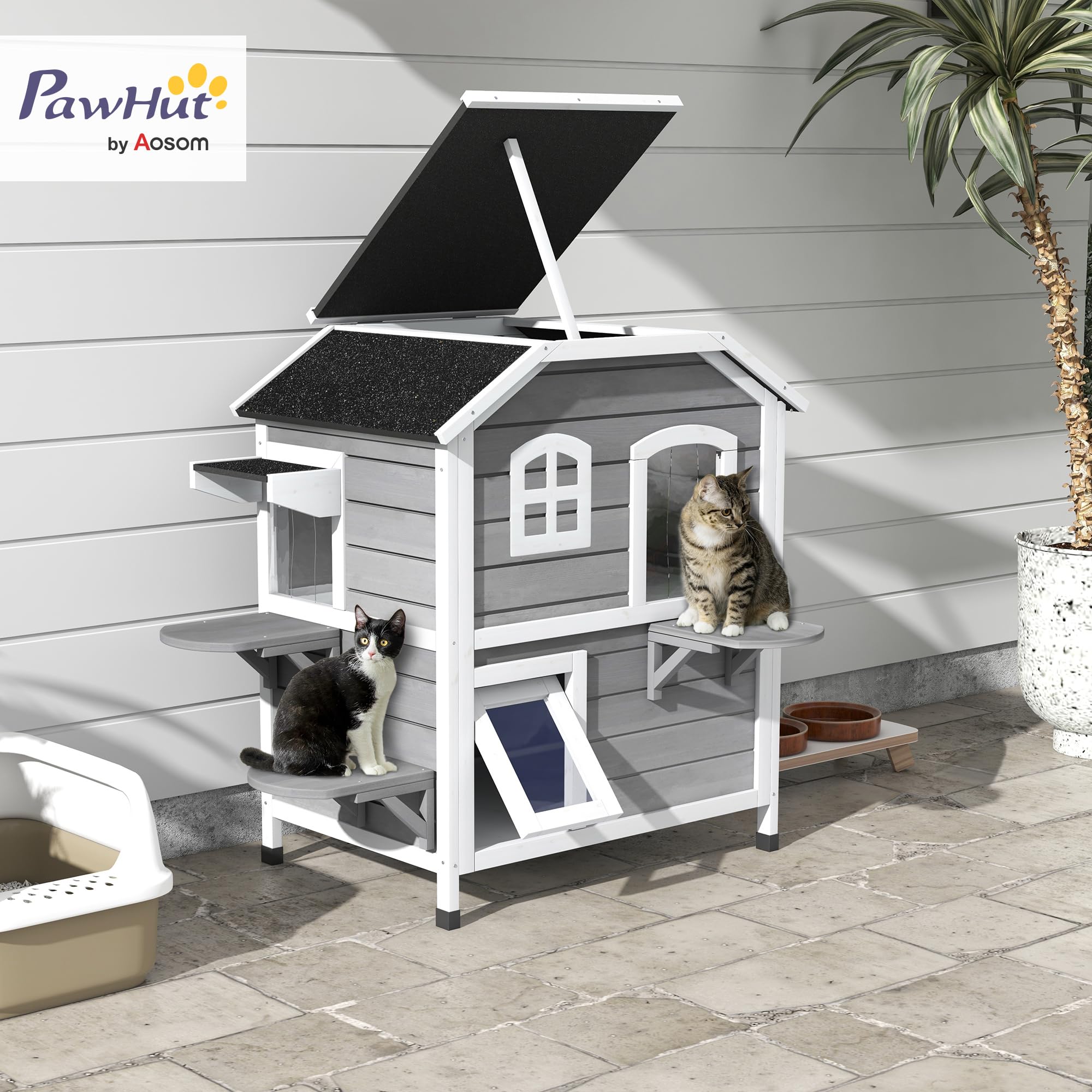 Casa para Gatos PawHut con tejado de Asfalto, caseta Exterior para Gatos con escaleras, Chalet para Gatos de 2 Plantas, Impermeable, jardín, Madera de Abeto, Gris, 78 x 55,5 x 91 cm | Impermeable, caseta para gatos con techo de asfalto, tapa plegable, esc