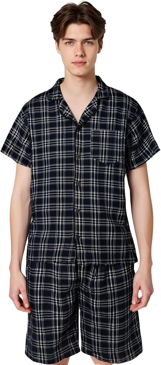 LANBAOSI Mens Pajamas Set Short Sleeve Shirts Shorts Plaid PJ Set