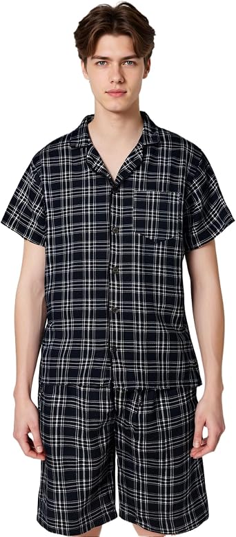 LANBAOSI Mens Pajamas Set Short Sleeve Button Down Shirts Shorts Plaid PJ Set Soft Lounge Set Sleepwear
