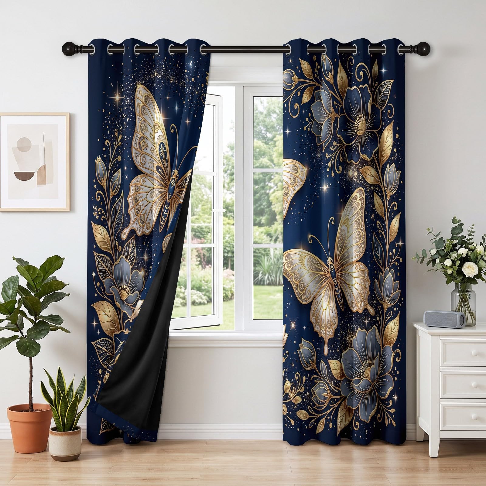 Luksusowe eleganckie zasłony zaciemniające do sypialni, 2 panele szer. 140 x dł. 250 cm, białe złoto, motyl, królewski błękit, zasłony zaciemniające do salonu, zasłony na przelotkach, izolacja