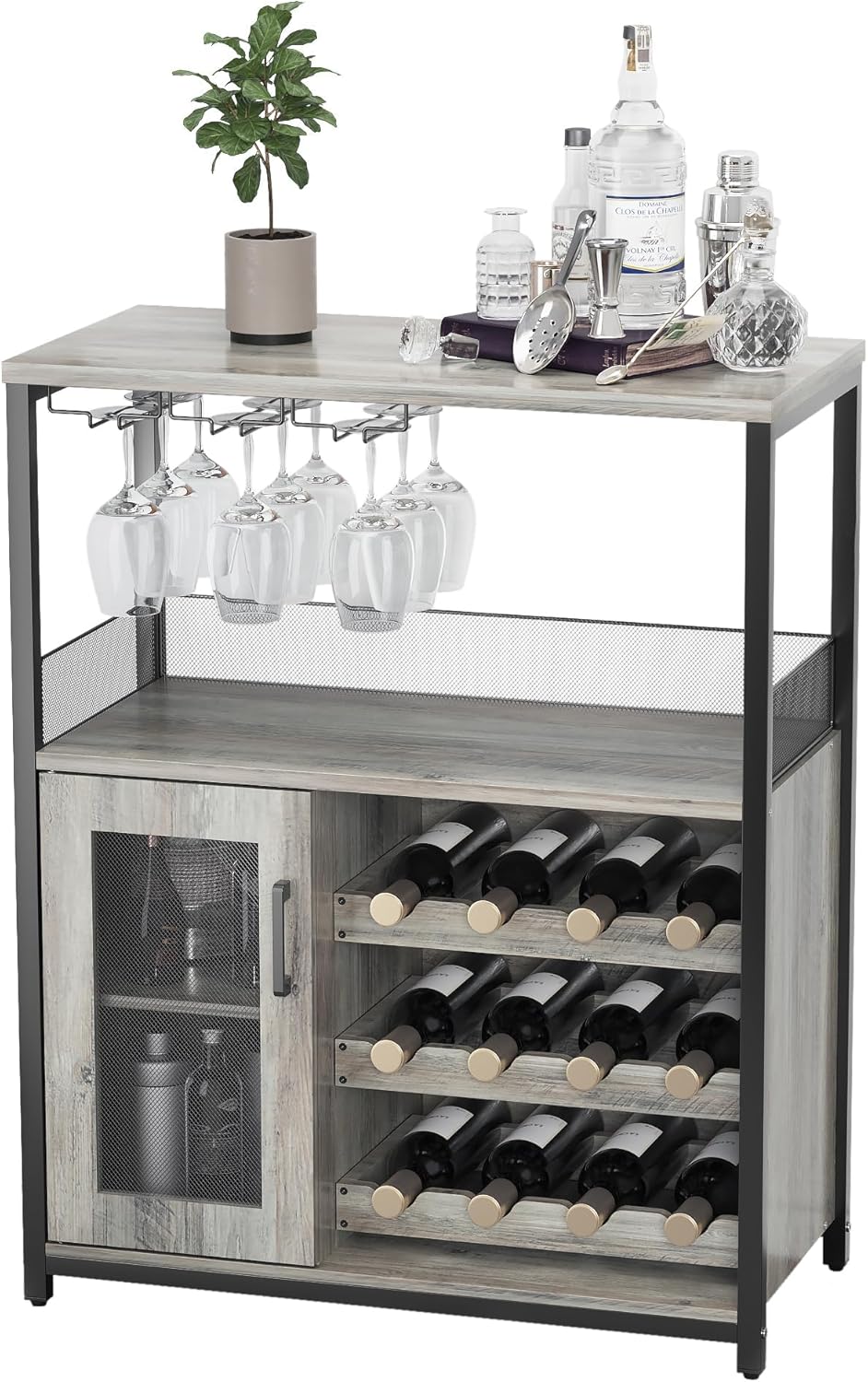 Wine Bar Rack Cabinet, Adjustable Shelves Coffee Bar Cabinet with Mesh Door and Baffle Design, 36 in Tall Small Liquor Bar Cabinet for Home, Kitchen, Dinning Room - Gray