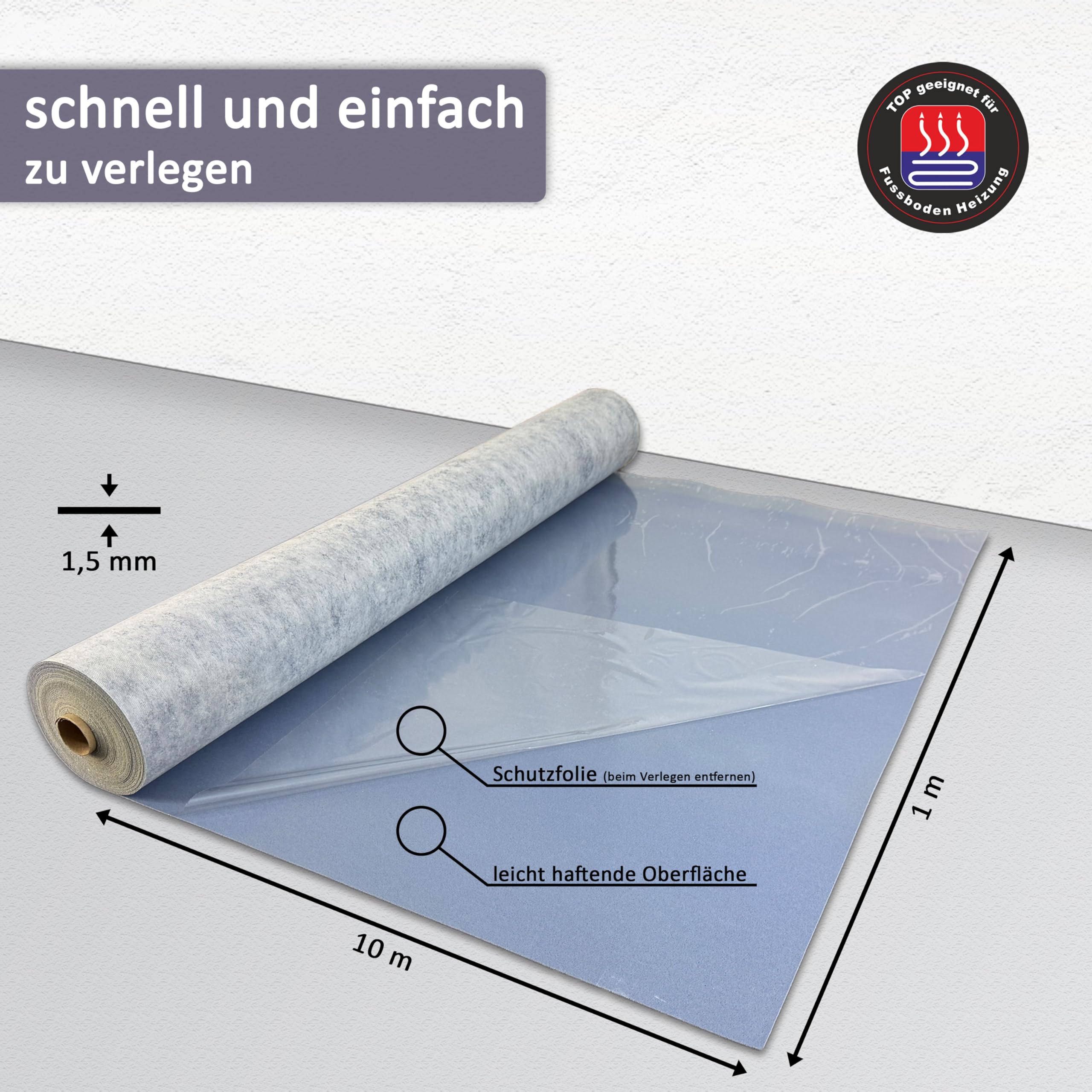 uficell® VinoSoundFix Vinylunterlage und Designboden Trittschalldämmung - Stärke: 1,5 mm - 400 kPa Druckfestigkeit - Selbsthaftende Tritt- und Gehschalldämmung für Klick Vinylboden (50 m² - 5 Rolle)