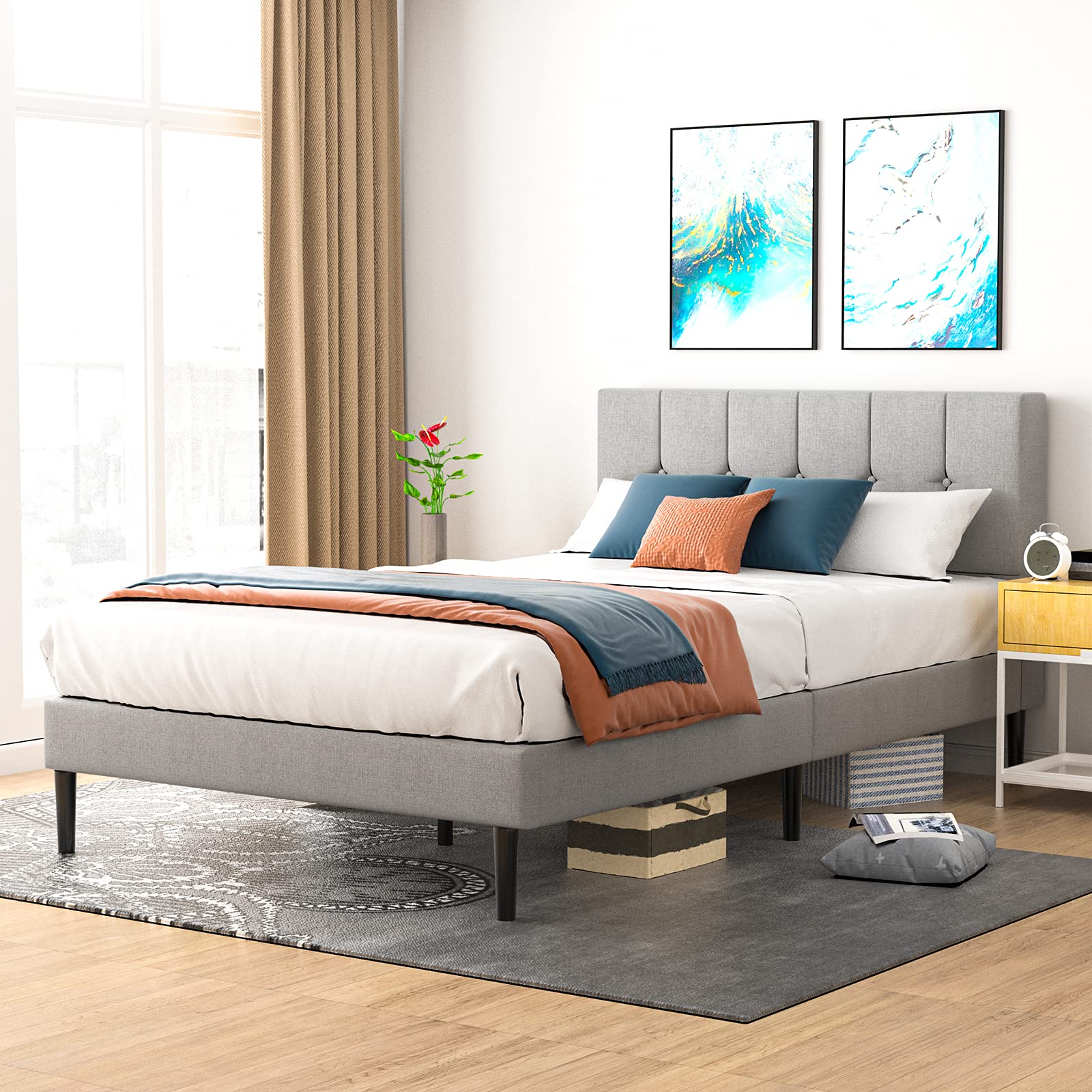 Full Size Fabric Upholstered Platform Bed Frame with Button Tufted Headboard, Mattress Foundation with Metal Wood Slat Support, No Box Spring Needed, Noise Free Design, Easy Assembly, Light Gray