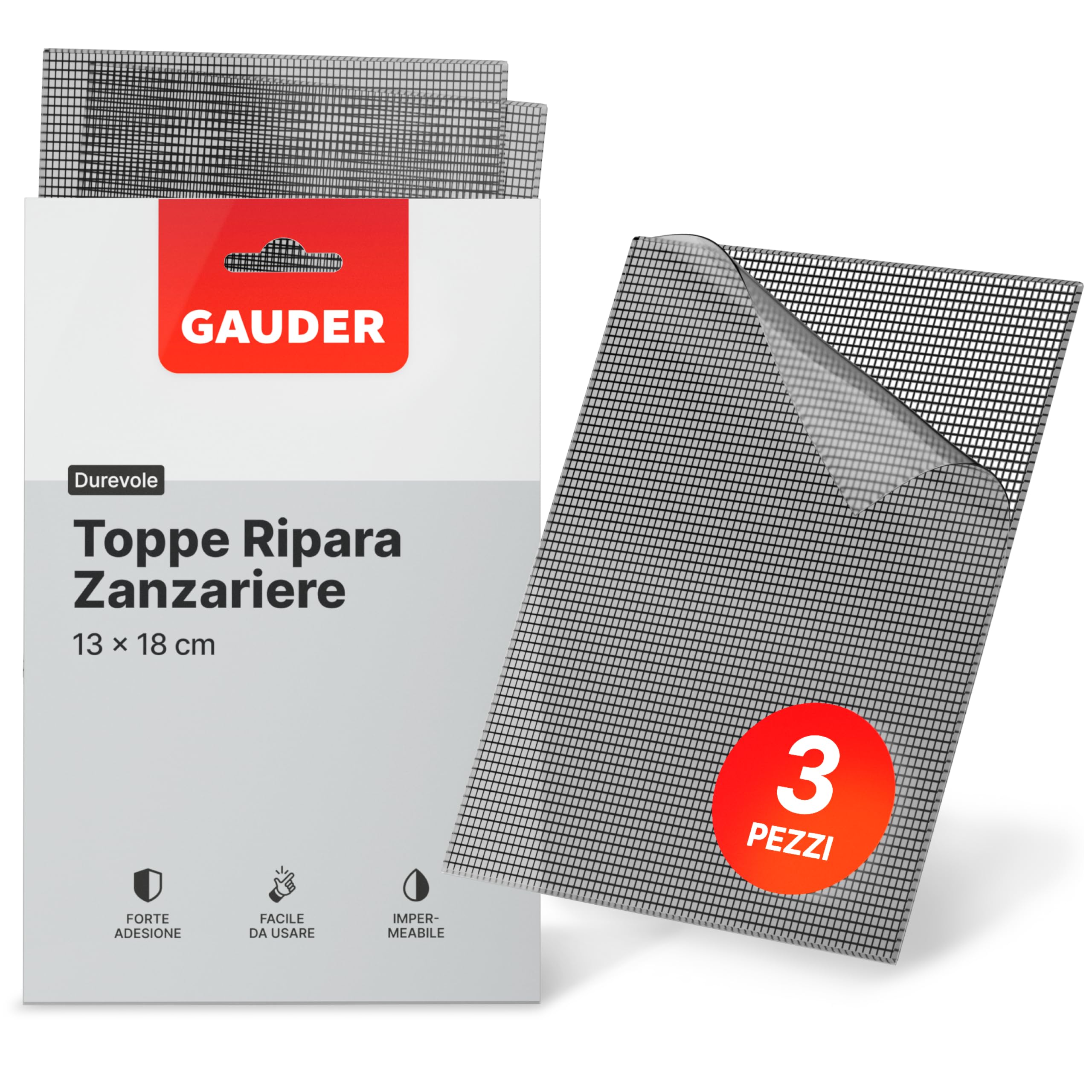 GAUDER Toppe di Riparazione per Zanzariere - Kit Insetti Autoadesive in Fibra di Vetro - Nastro Ripara Zanzariere per Finestra, Porta, Veranda (3 Toppe - 130 x 180 mm)