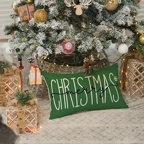 Miniatura 2 de AVOIN colorlife Funda de almohada verde con texto en inglés "Merry Christmas", 12 x 20 pulgadas, decoración para sofá