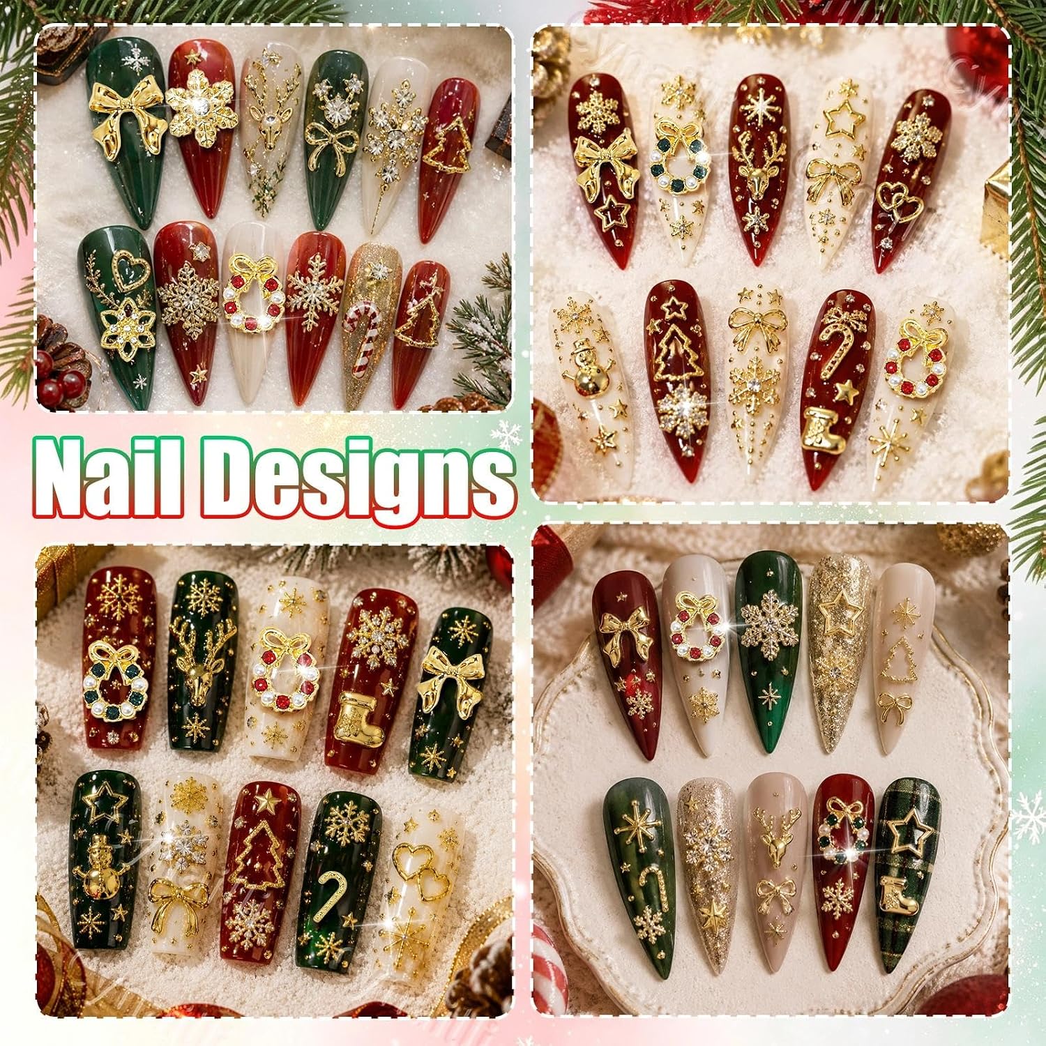 Christmas Gold Nail Charms and Gems, Gold Nail Studs Charms for Nail Art DIY