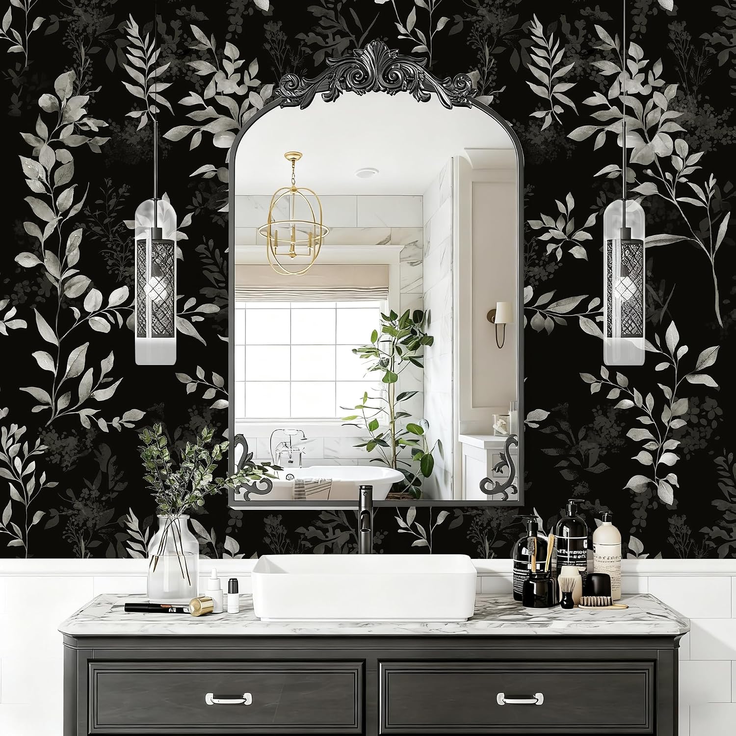 HAOKHOME Forest Peel and Stick Wallpaper Jungle Tree Wall Paper Renter Friendly Removable for Bathroom Kitchen Black/Grey Contact Paper 17.3in x 32.8ft