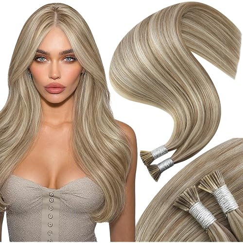 Moresoo I Tip Hair Extensions Human Hair, Light Brown Platinum Blonde