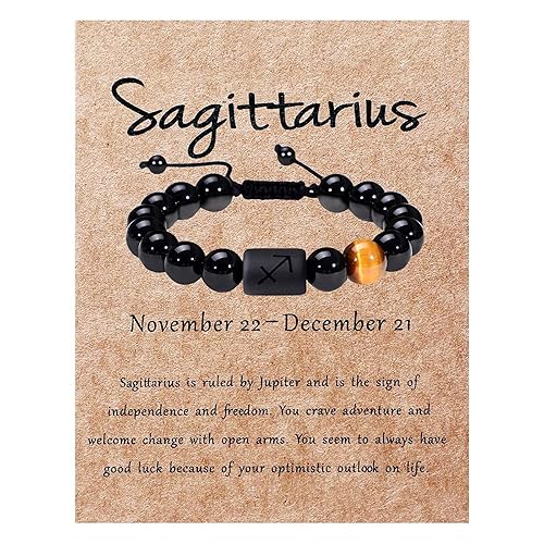 Zodiac Bracelet for Men Women 10mm Natural Black Onyx Stone Star Sign Constellation Horoscope Bracelet Gifts (Sagittarius)