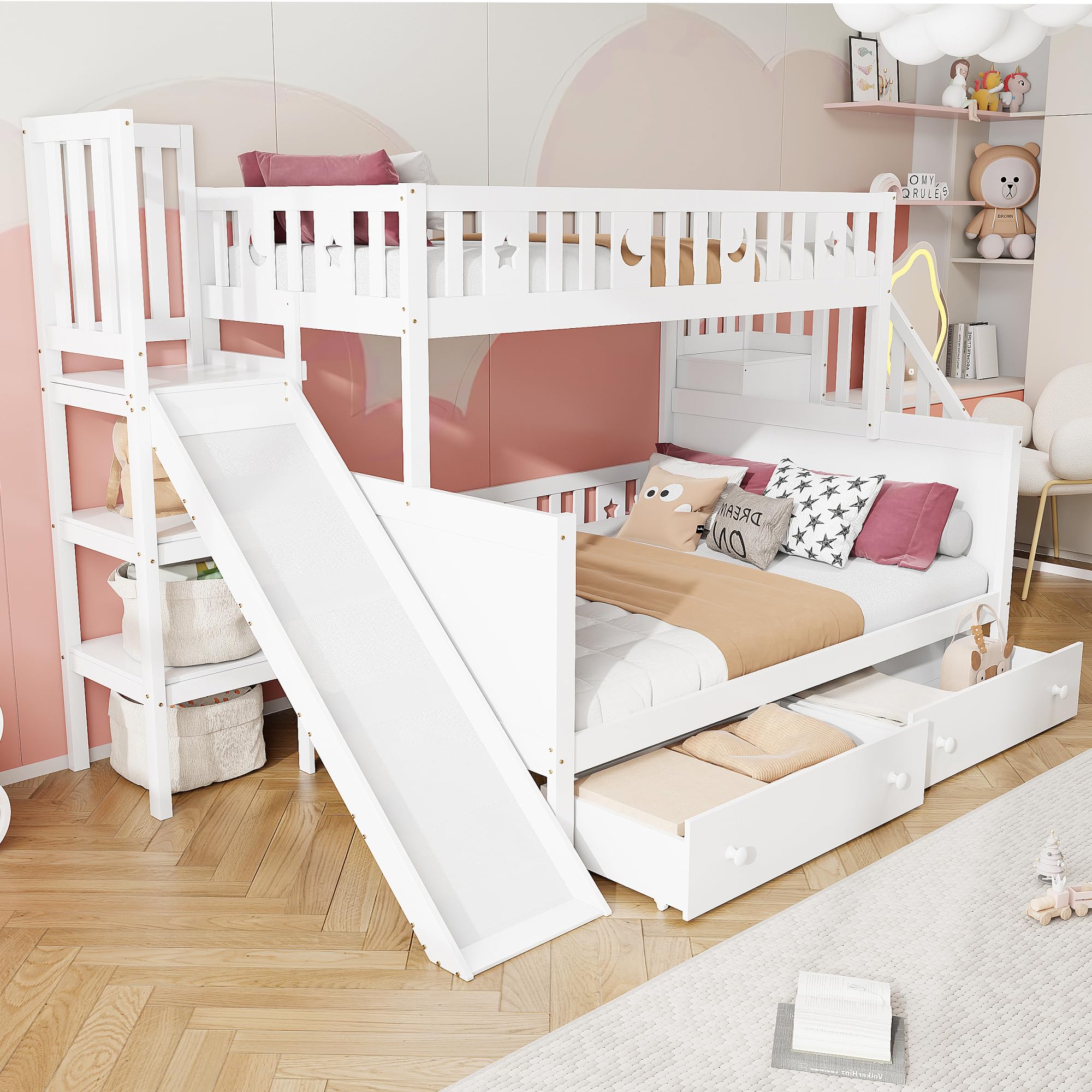 Kinderbed 90*200/140*200 cm, massief houten stapelbed met glijbaan en plank met