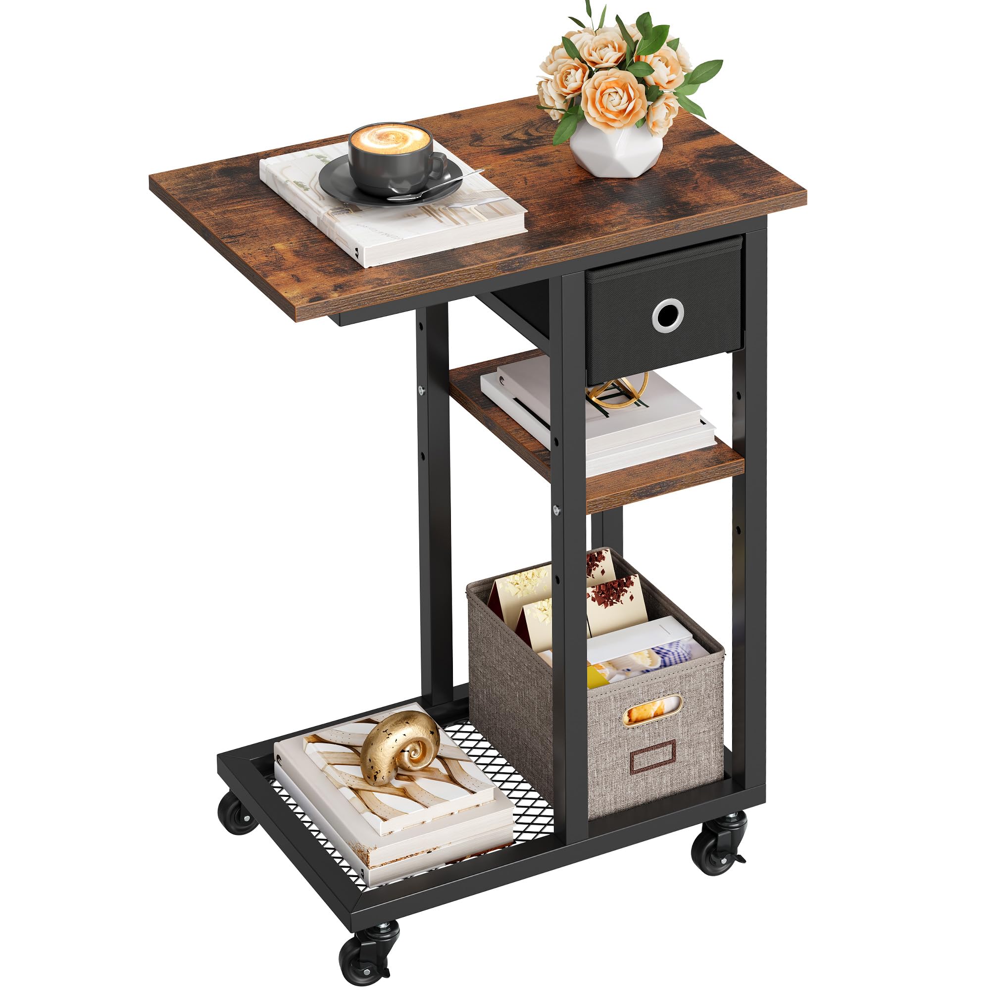 YITAHOME Tavolino a Forma di C, Tavolino Laterale da Divano in Metallo con Cassetto e Ruote per Salotto e Camera, 50x30x67cm, Marrone Rustico