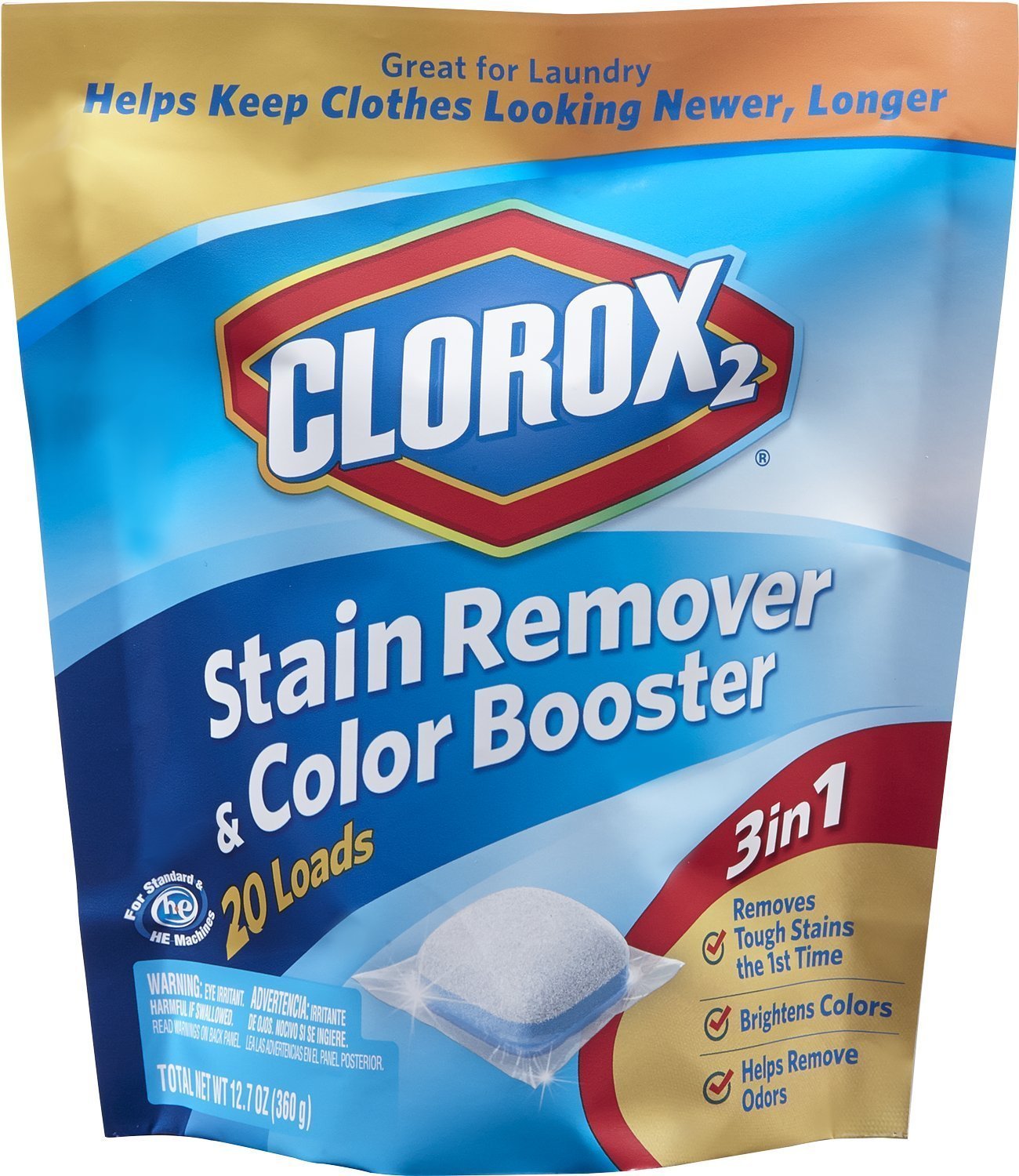 Clorox 2 for Colors Stain Remover and Color Brightener Packs, 20 Count (Pack of 6) (Package May Vary)