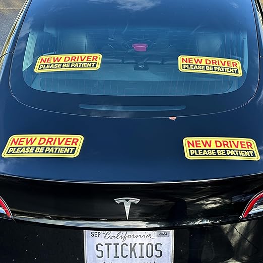 Non-Magnetic New Driver Stickers - Removable Vinyl Decals for Cars & Windows - Made in USA (10.75x4 inches, 4-Pack)