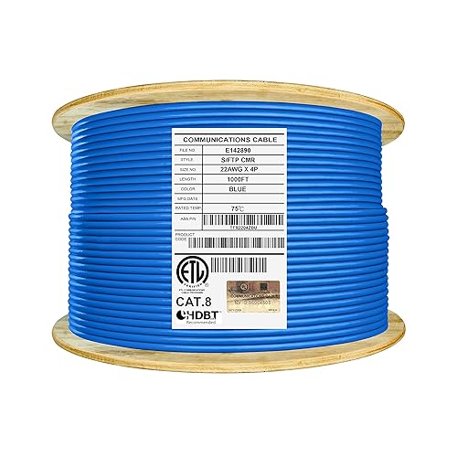 Elevador blindado Elite Cat8 (CMR), 40 Gb, 2000 MHz, SFTP 22 AWG, cobre puro sólido, PoE de alto rendimiento, certificación UL, verificado ETL (azul
