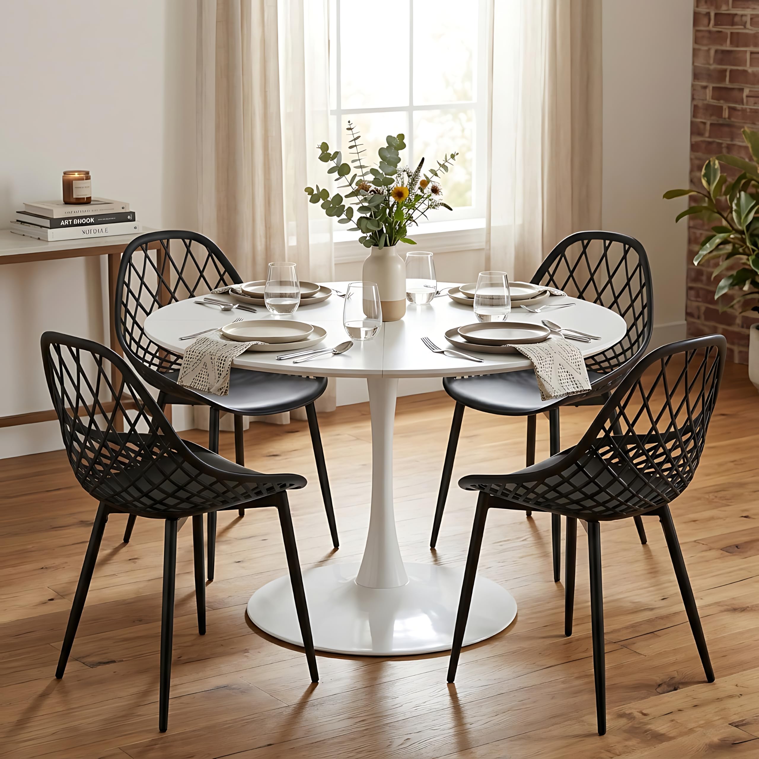 Mesa de Comedor Redonda con 4 sillas, Conjunto de Muebles para Balcones pequeños, Conjunto de Muebles de jardín para jardín, Patio y balcón, Mesa Blanca (Ø 120 cm) + 4 sillas Negras