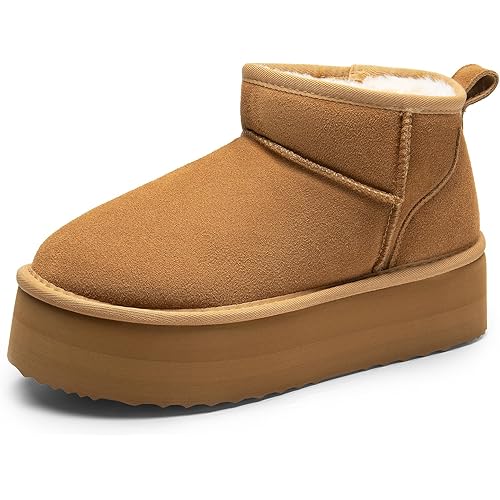 DREAM PAIRS FuzzyClassic Platform Mini Boots for Women Suede Genuine Leather, Classic Winter Ankle Snow Boots with Memory Foam Insole Lightweight Anti-Slip Outsole Outdoor