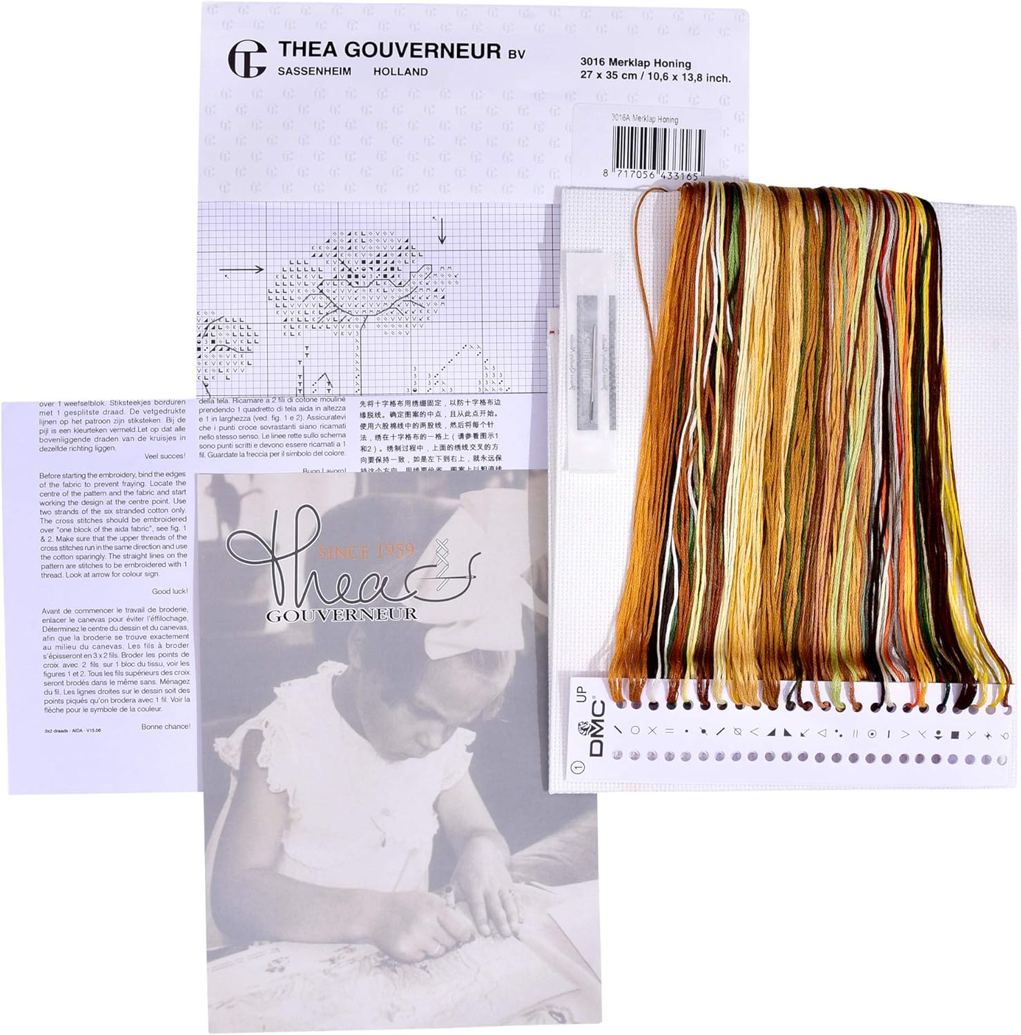 Thea Gouverneur - Counted Cross Stitch Kit - Honey Sampler - Aida - 16 Count - Embroidery Kit for Adults - DMC Embroidery Threads and Other Cross Stitch Supplies Included - 3016A