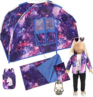 8 Items Doll Camping Tent Set for 18 Inch Girl Doll Accessories Including 18 Inch Girl Doll Tent,Sleeping Bag,Pillow,Unicorn Backpack,Unicorn Vest,Doll Clothes,Mini Kerosene lamp