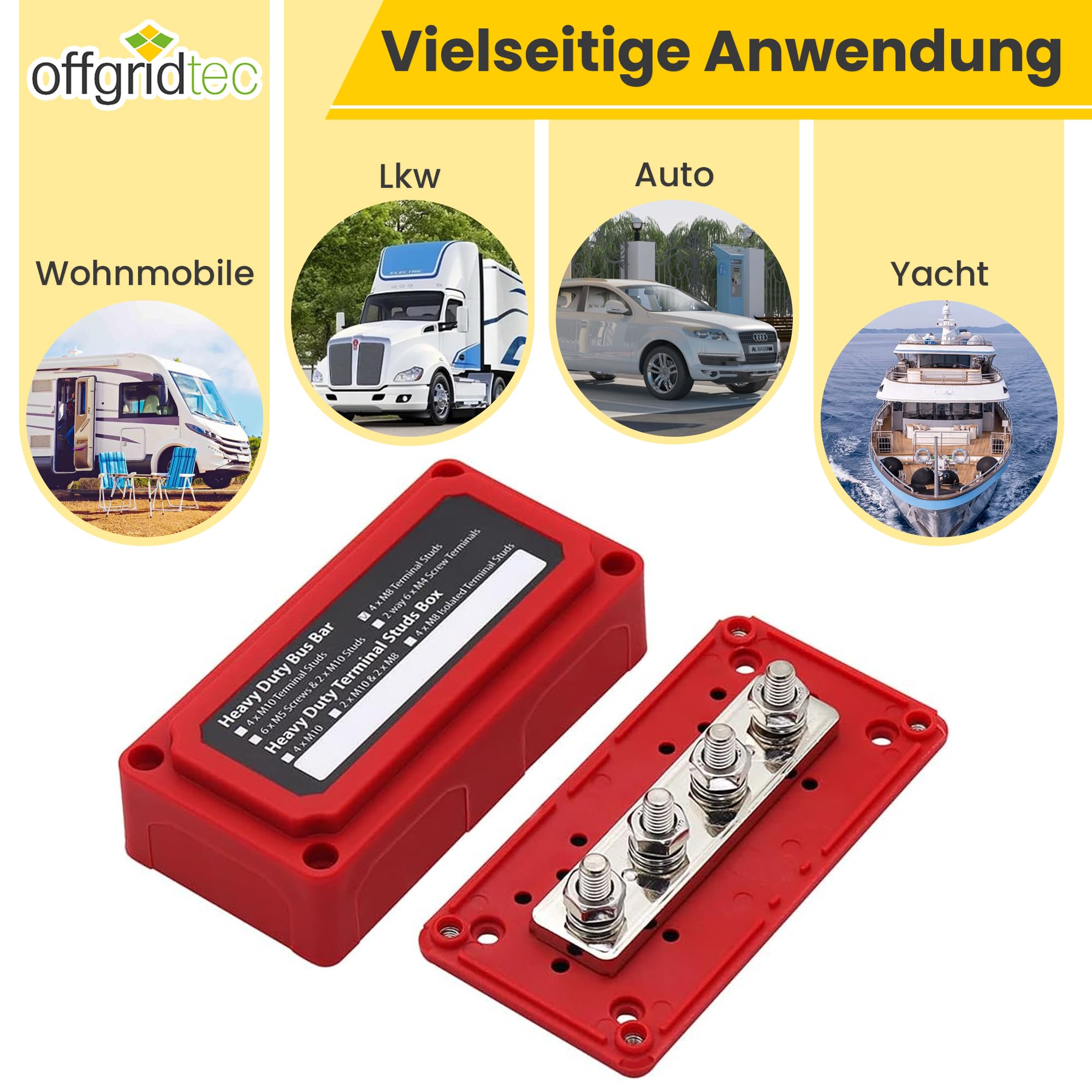 Offgridtec BusBar Box 4x M8 Anschlussbolzen, Nickelbeschichtete Messinganschlüsse, Glasfaserverstärktes Nylongehäuse mit abnehmbarer Abdeckung & Isolierwand, Modulare Stromverteilung (200A, Rot)
