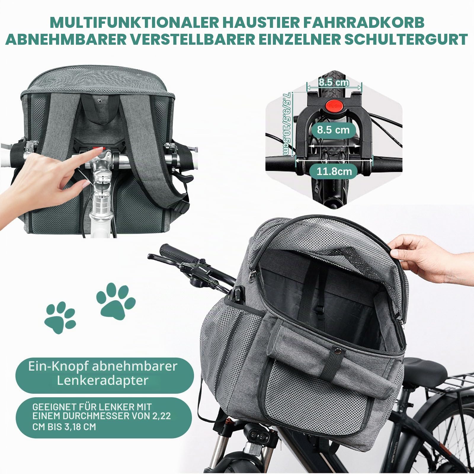 BigKing Fahrradtasche für Haustiere, Fahrradkorb vorne für Hunde, Faltbarer Fahrradkorb, geeignet für Outdoor-Reiten und Camping mit Haustieren (Gewichtsbeschränkung 3 kg)