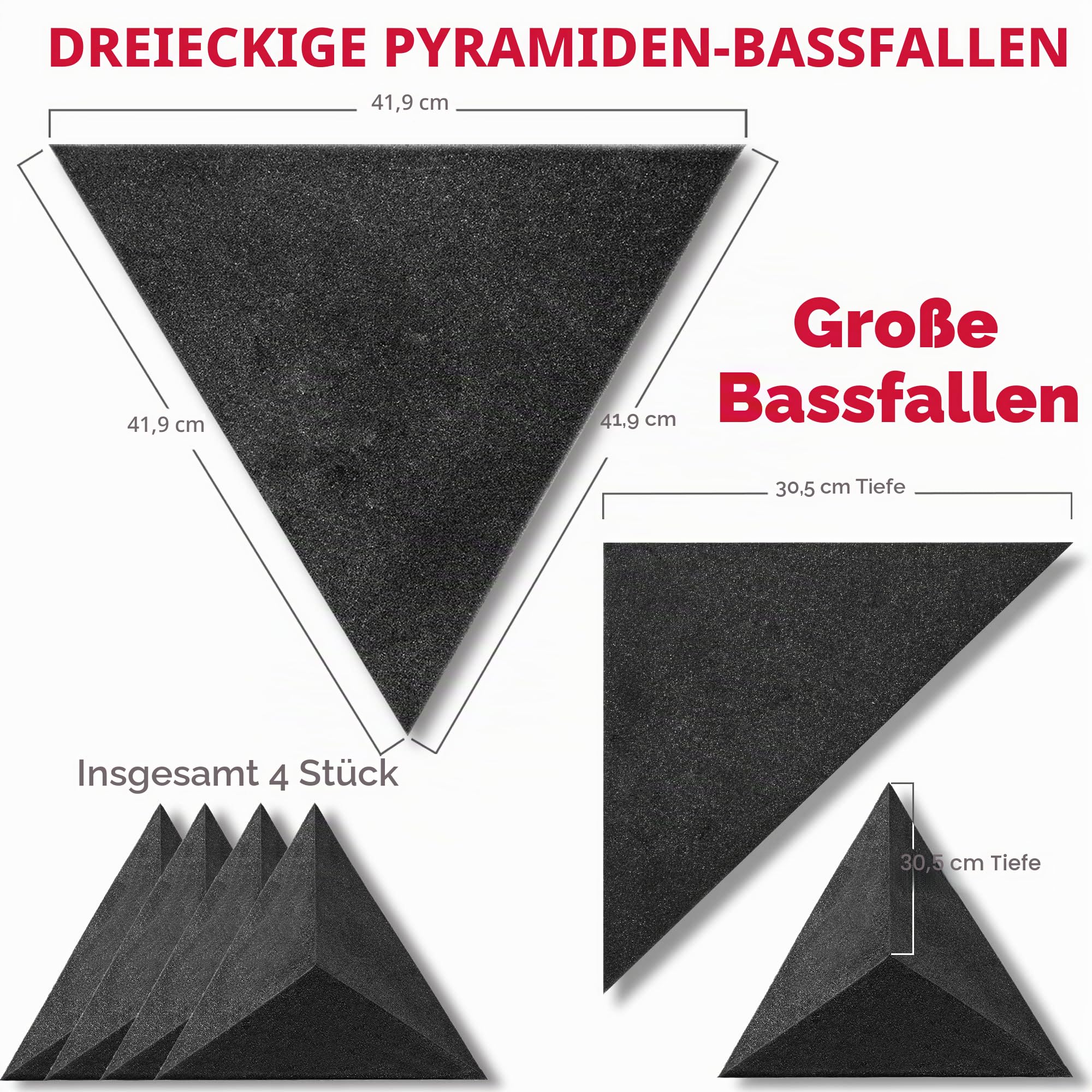 Foroomaco 4er-Pack Bassfallen für Ecken der Zimmerdecke: 41,9 cm Dreieck, 30,5 cm Tiefe, Triangular Pyramid-Akustikschaum für Schallabsorption
