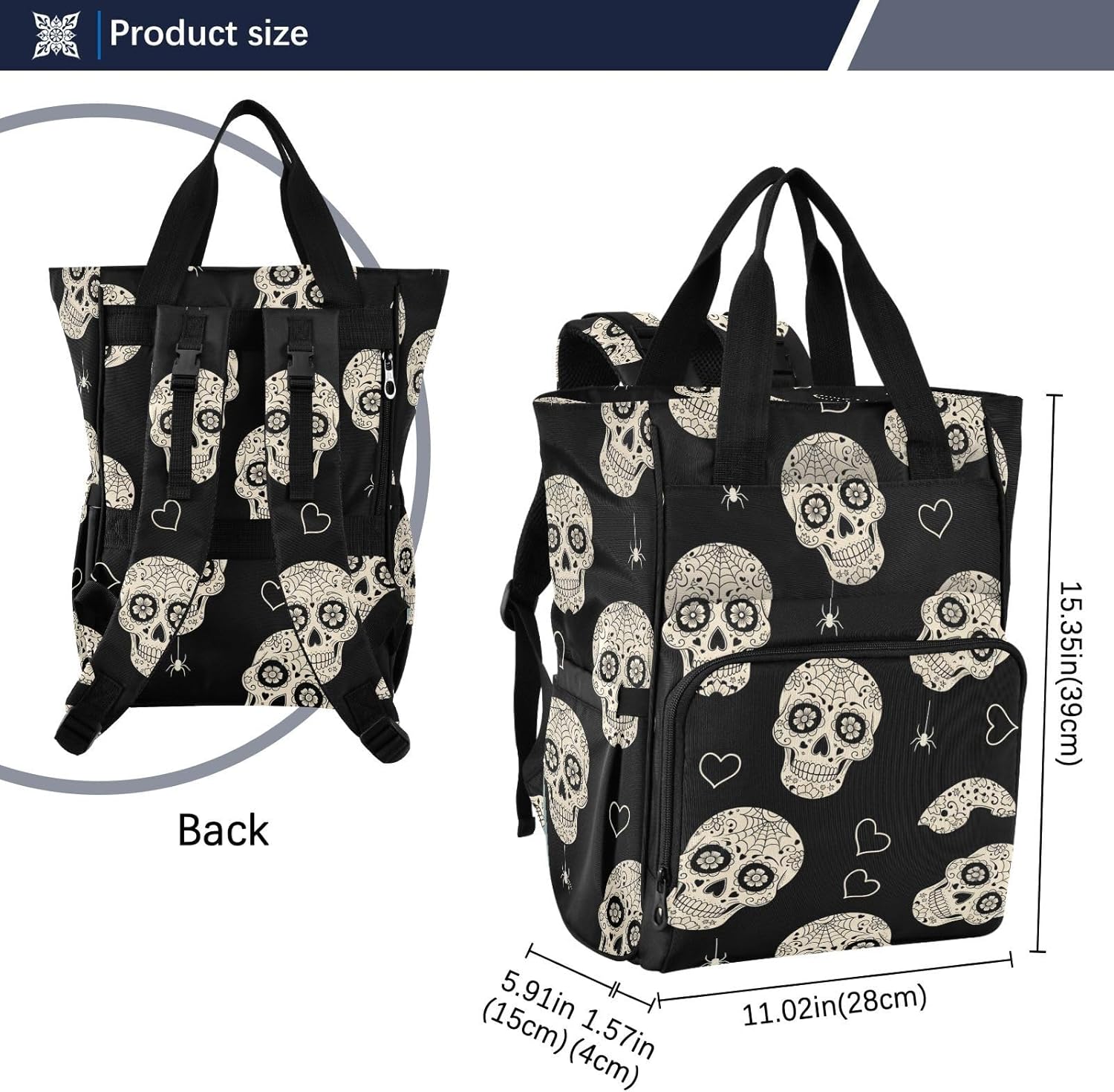 Skulls Hearts Black Pattern Diaper Bag Backpack for Baby Boys Girls Multifunction Baby Essentials Travel Tote with Stroller Straps & Bottle Storage Nappy Changing Bag for Dads Moms Baby Shower
