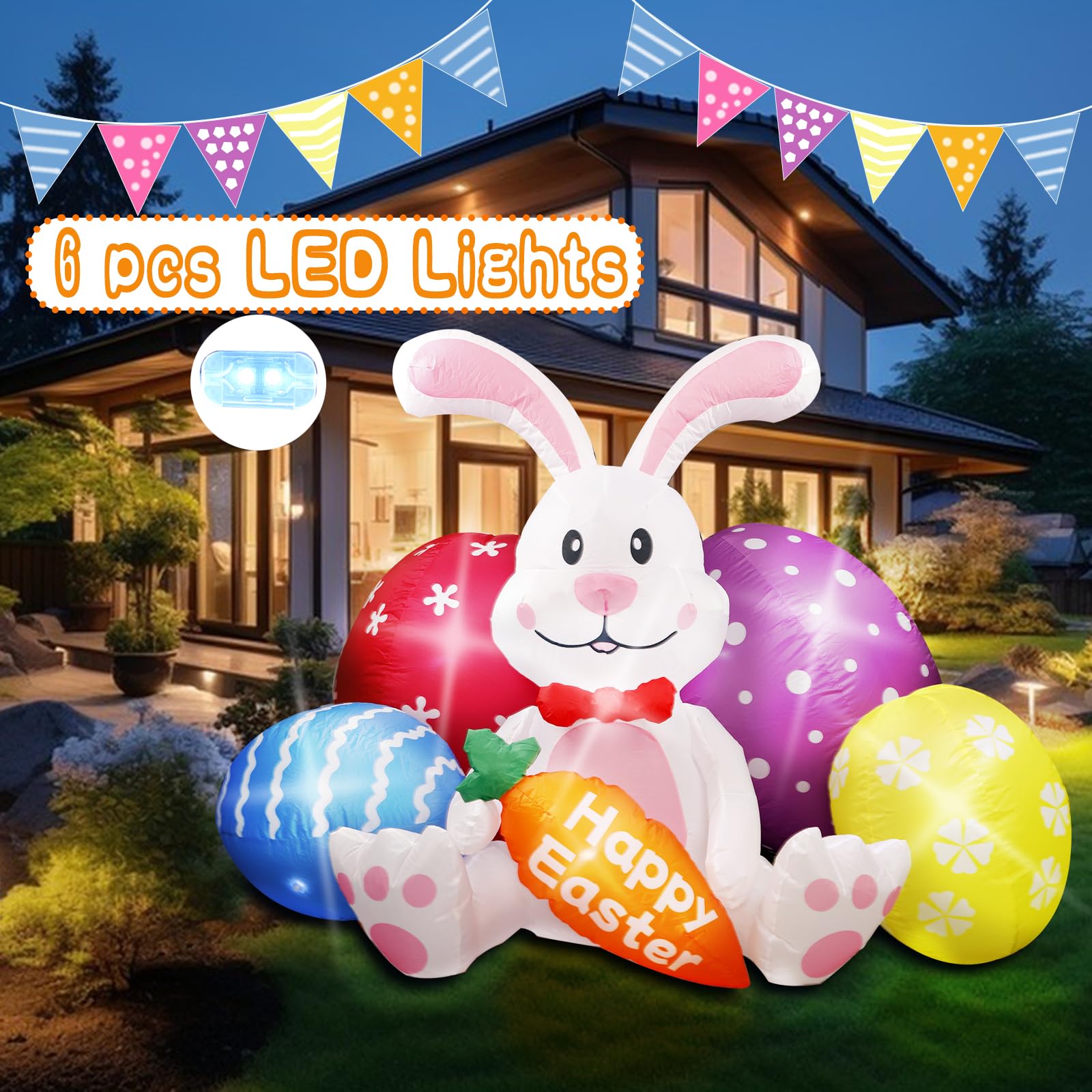 Kerithsoco 6.2FT Width Inflatables Easter Rabbit Outdoor Decor, Happy Easter Bunny and 4 Colorful Eggs Build-in 6 LEDs Indoor Outdoor Decoration Blow Up for Yard Decorations, Garden, Lawn