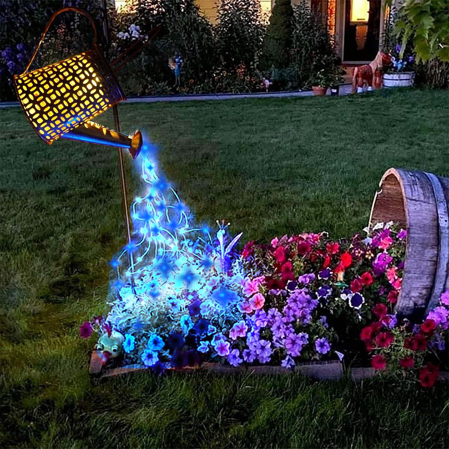 Solar Blue Watering Can Lights Outdoor,Hanging Solar Lantern,Metal Waterproof Garden Decorations Mother's Day Gift for Table Patio Yards Pathway Party(with Installed Light Blue String)