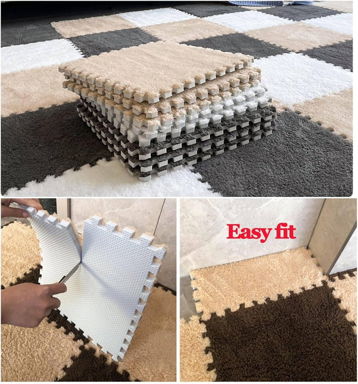10pcs/Thick 0.4"/24x24 in/Plush Puzzle Foam Floor Mat Carpet, Squares Interlocking Fluffy Soft Foam Mats, for Playroom(Light Brown+White)