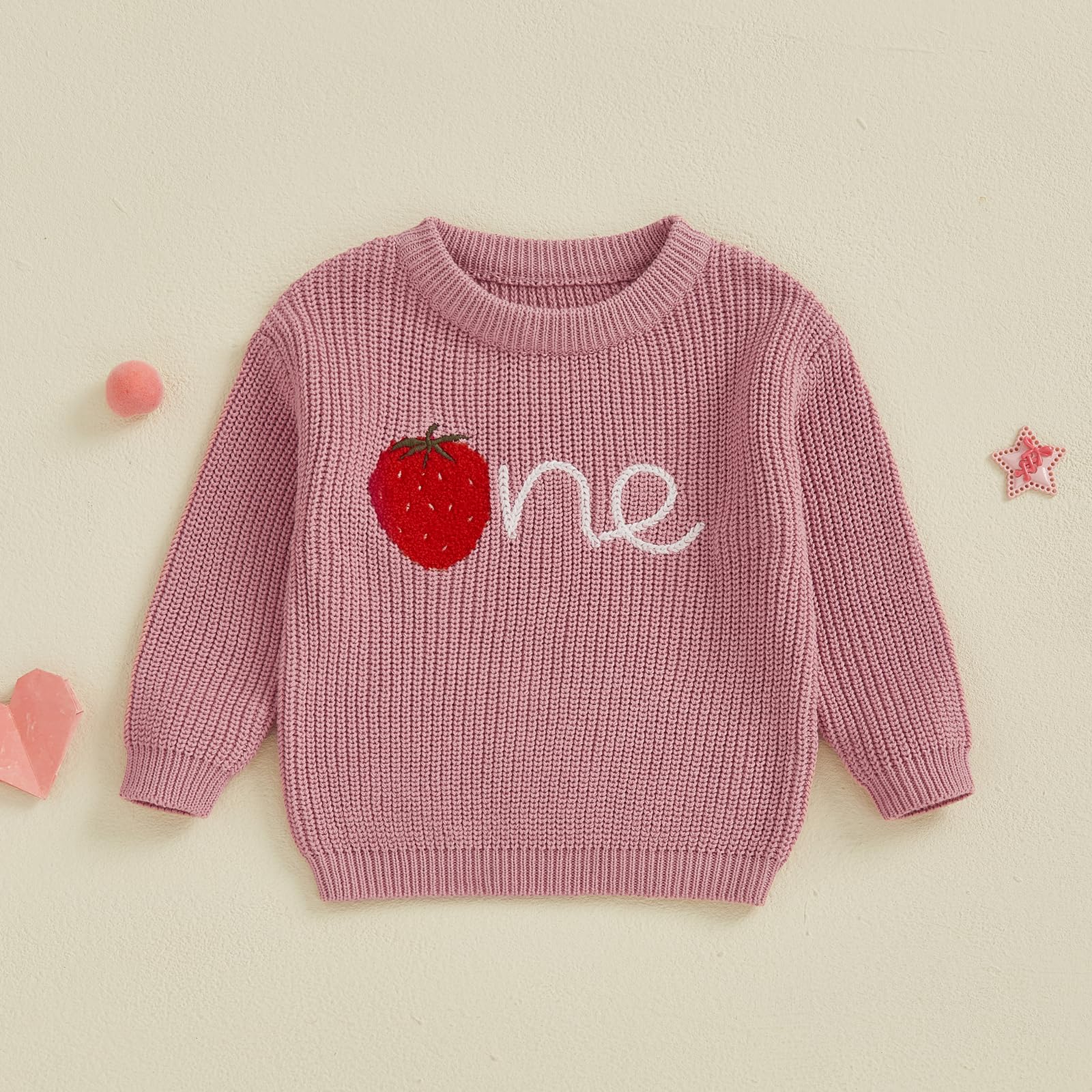 Baby Girls First Birthday Sweater Strawberry One Embroidery Knit Pullover Tops 1st Birthday Baby Clothes (Dark Pink, 12-18 Months)
