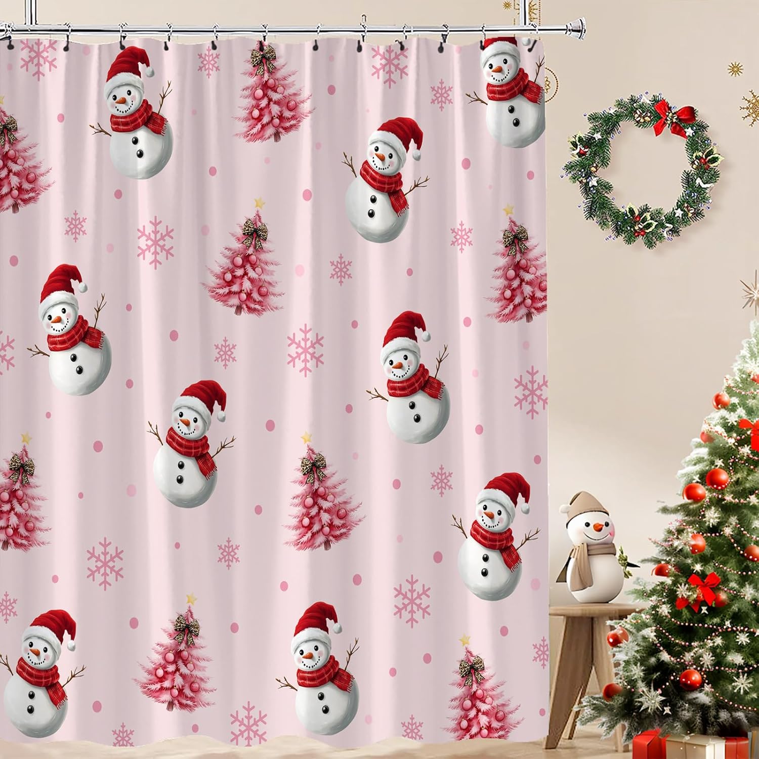 Christmas Snowman Shower Curtain Pink Xmas Pine Trees Snowflake Winter Holiday New Year Cute Cartoon Pink Polyester Fabric Bath Curtain 70 x 83 Inch