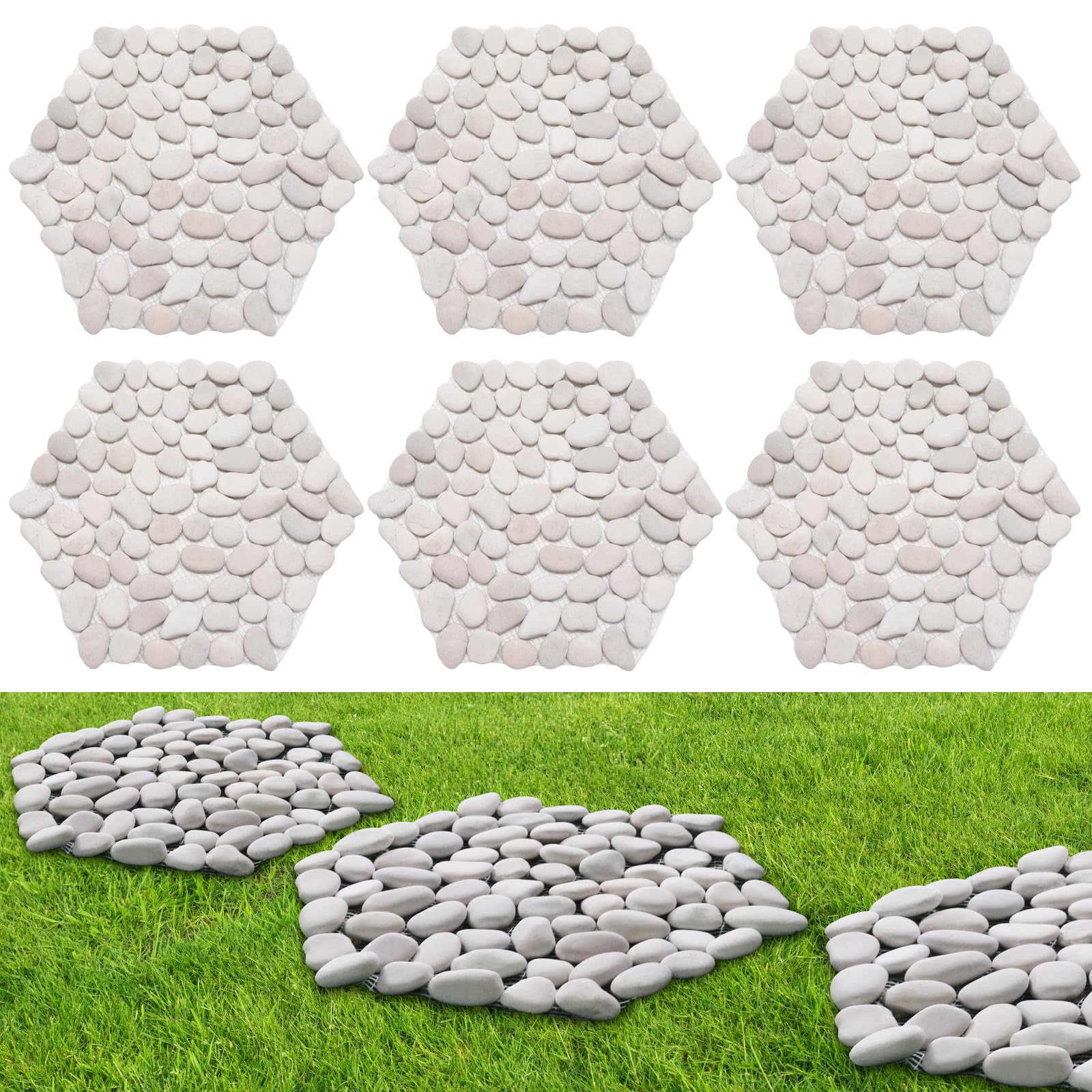 Juego de 6 piedras de río de 10 pulgadas, guijarros pulidos, respaldo de malla de PVC de larga duración, perfecto para caminos de jardín y césped, decoración de paisajismo al aire libre, rombo