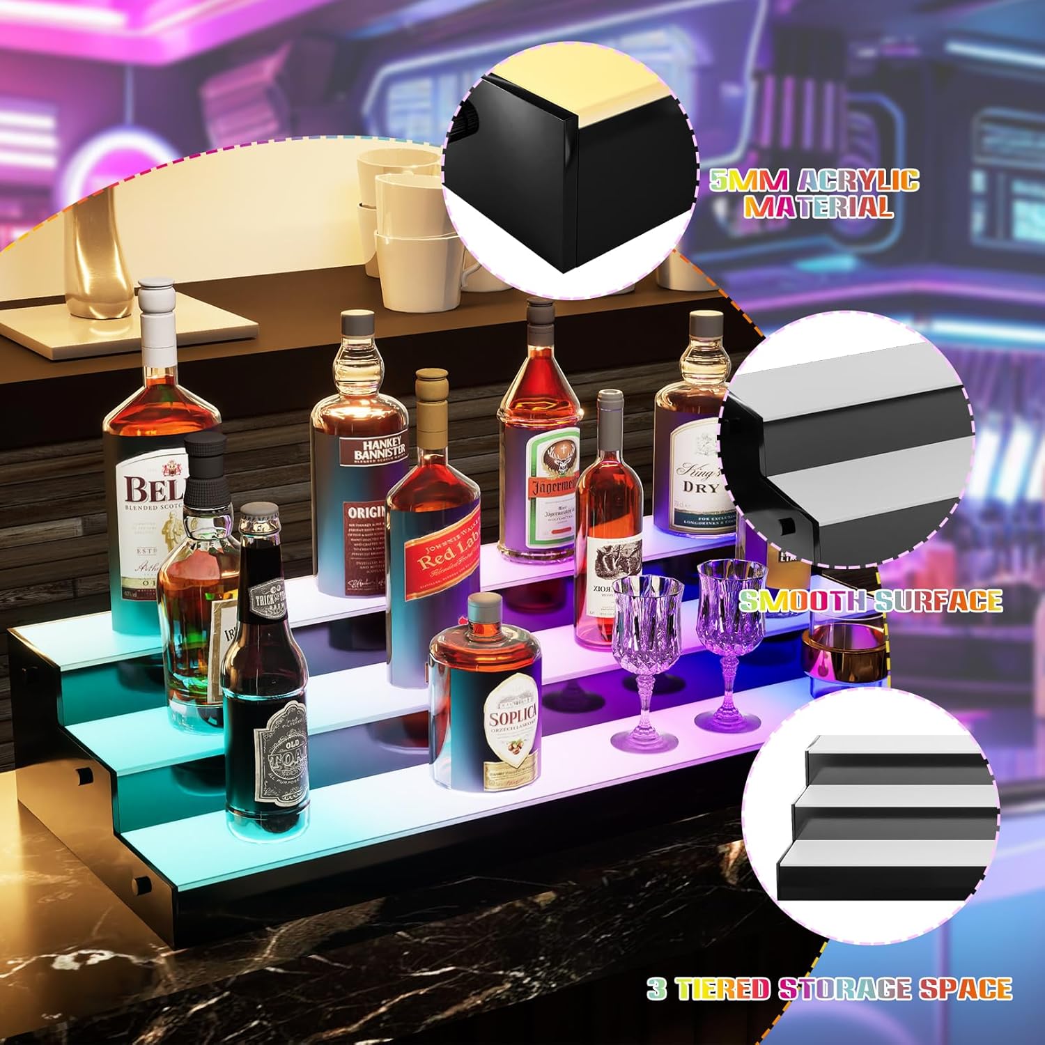 LED Lighted Liquor Bottle Display Shelf 3 Tier 24 Inch Illuminated Home Bar Shelf Display Stand with Remote and App Control Multicolor Acrylic Lighted Bottle Display for Home Commercial Bar Party
