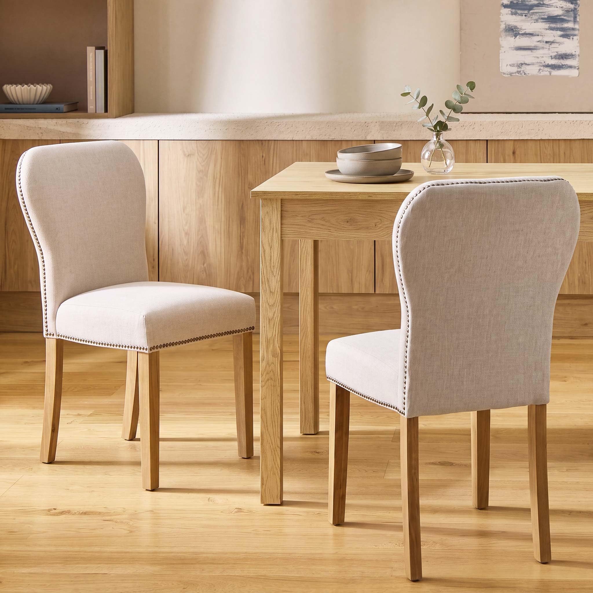 younturn Wooden Dining Chairs Set of 2, Linen Fabric Upholstered Dining Room Chairs with Solid Wood Legs, Curved High Backrest, Thick Padded Seat and Nailhead Trim for Kitchen, Restaurant, Beige