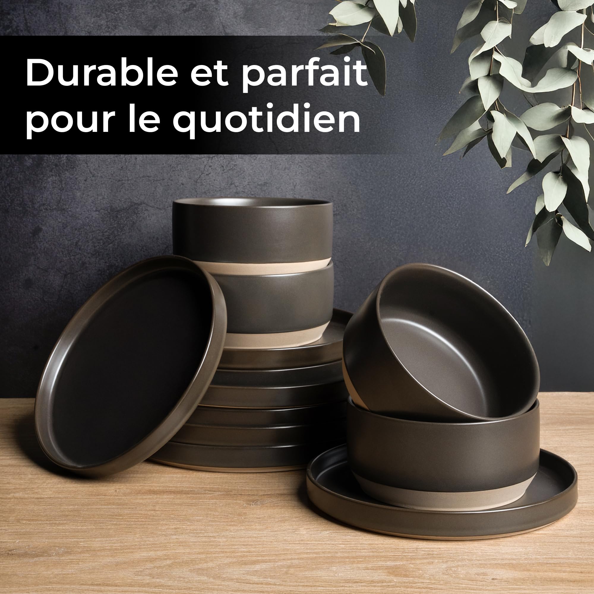 MIAMIO – Ensemble de 4 bols/Ensemble de bols en céramique (850 ml) pour pâtes, ramen, céréales, salade – Convient au lave-vaisselle et au micro-ondes – Collection Sierra (Noir, Bols (4x))