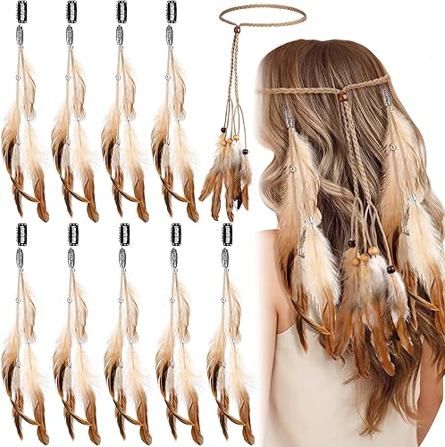 Bencailor 10 pinzas para el pelo de plumas y diadema hippie extensiones de pelo para Halloween, disfraz de pirata indio para mujeres y niñas