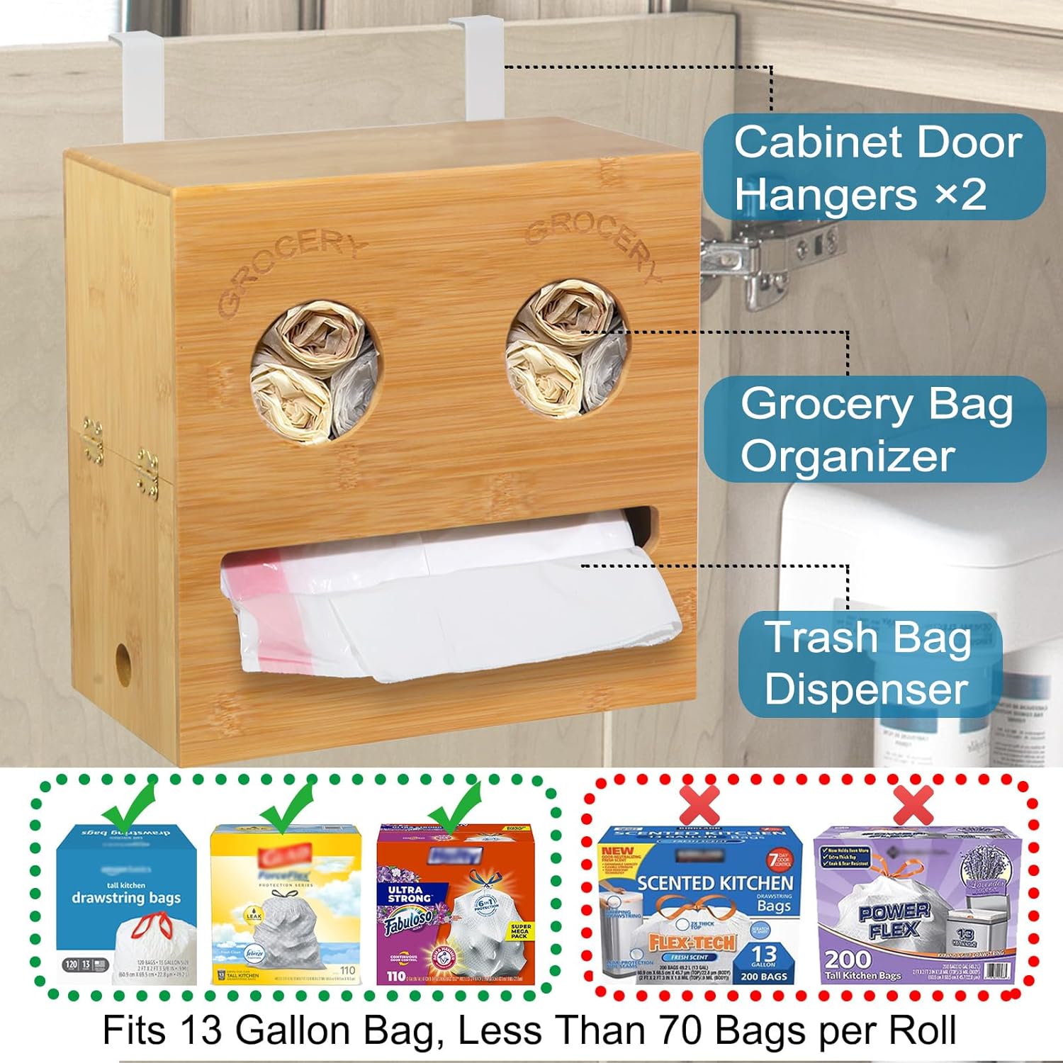 2-in-1 Trash Bag Dispenser & Grocery Bag Holder with Hanger for Standard Trash Bag Rolls, Trash Bag Storage Holder Organizer for Garbage Bags, Hang Over the Door and Wall Mounted