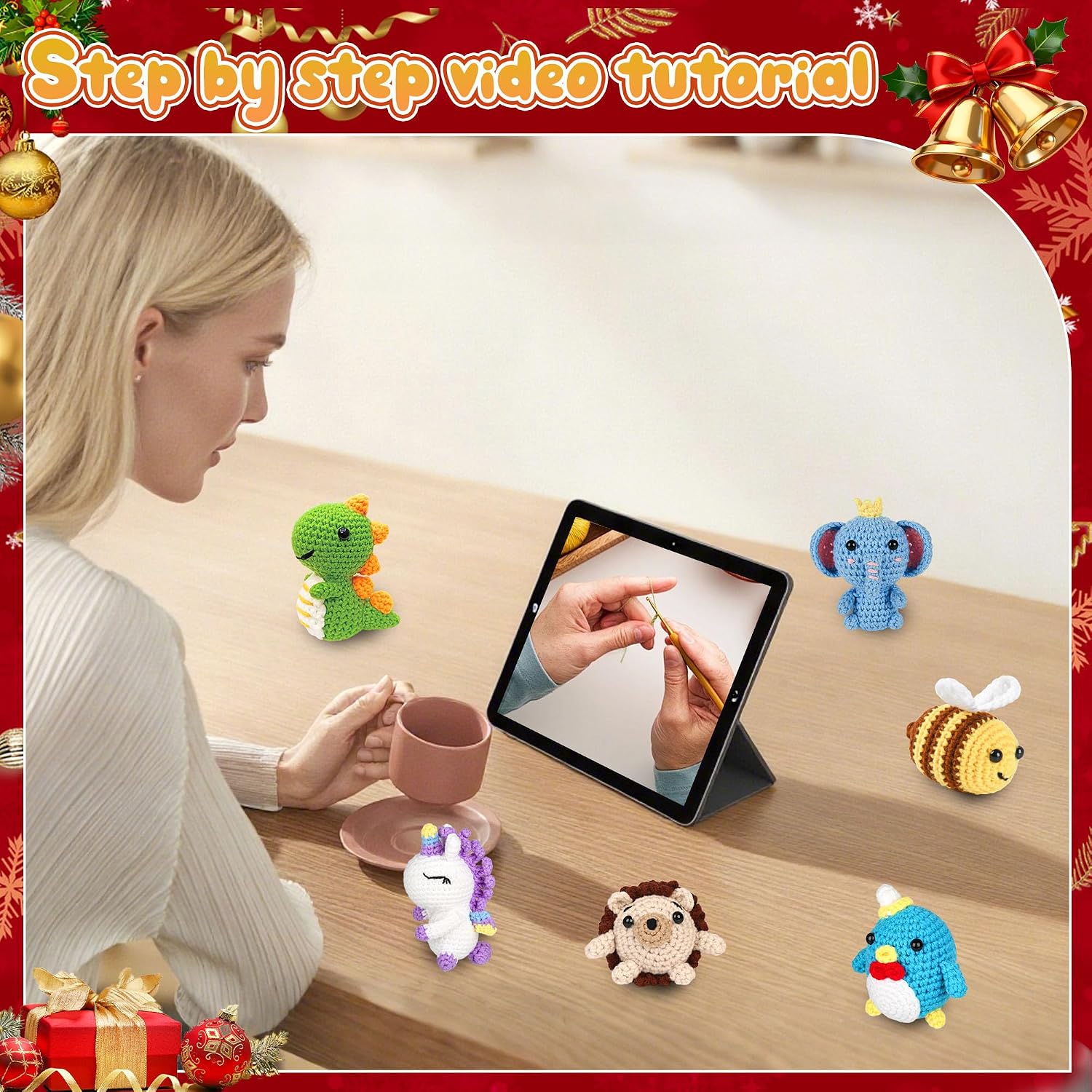 hisucbetter 6Pcs Beginner Crochet Starter Kit, Creative Birthday Gifts for Adults & Kids, Popular DIY Patterns, 40% Extra Yarn Crochet Animals Kits with Step-by-Step Video Tutorials