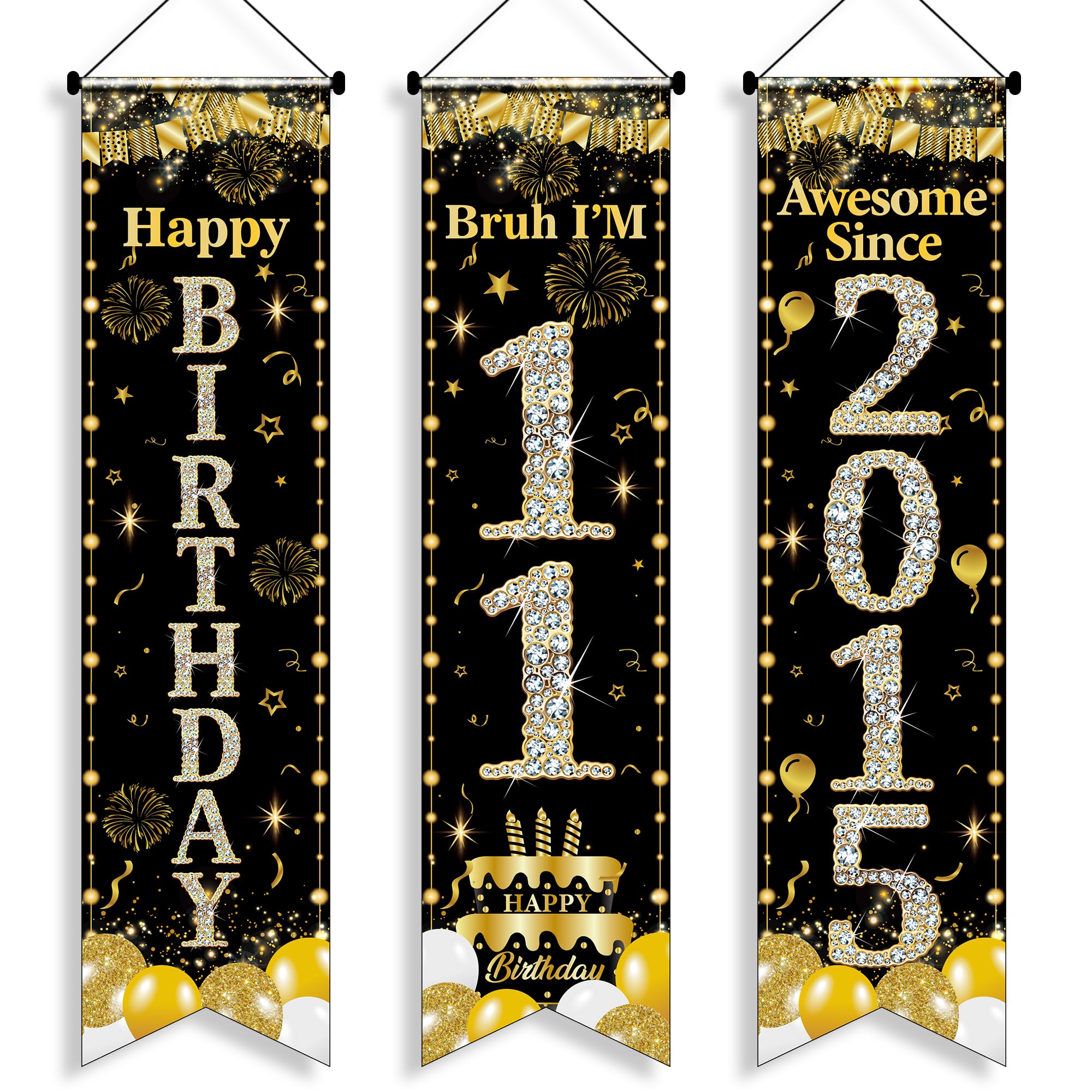11th Birthday Decorations Door Banners - 3 Pcs Black and Gold Boy Awesome Since 2015 Happy Birthday Bruh I'M 11 3.9x0.9ft Door Porch Sign for 11 Years Old Boys Party Backdrop Decor Supplies