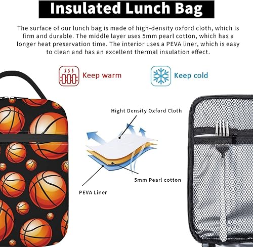Miniatura 5 de Bolsa de almuerzo con pelota de baloncesto para niños y niñas, reutilizable, fresca, aislada, bolsa de almuerzo portátil para la escuela, hombres,