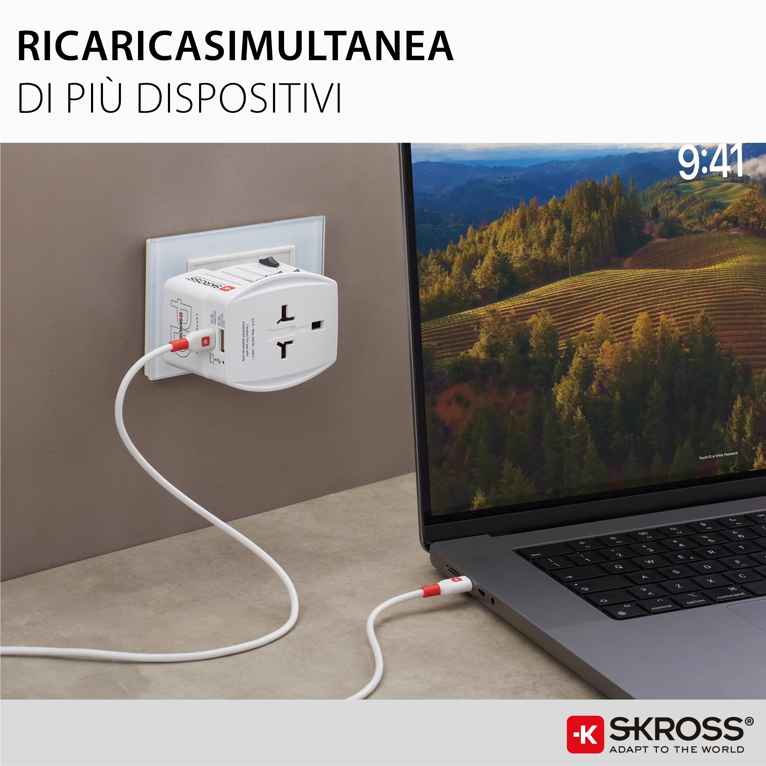 SKROSS -MUV USB AC65PD con cavo USB-C (160 cm) - Adattatore da viaggio universale a 2 poli + 1 USB C e 1 USB 65 W - Tensione e potenza: 100 V - 250 W/250 V - 625 W per laptop, tablet e smartphone
