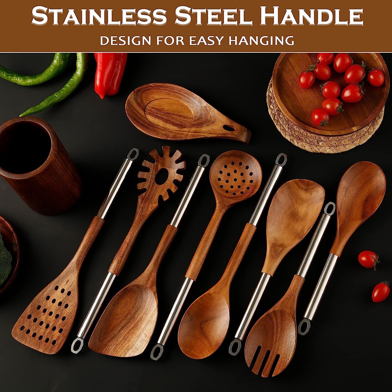 Cucharas de madera para cocinar, 10 cucharas de madera con mango de acero inoxidable, juego de utensilios de madera antiadherentes y espátula para accesorios de cocina del hogar, 10 ganchos