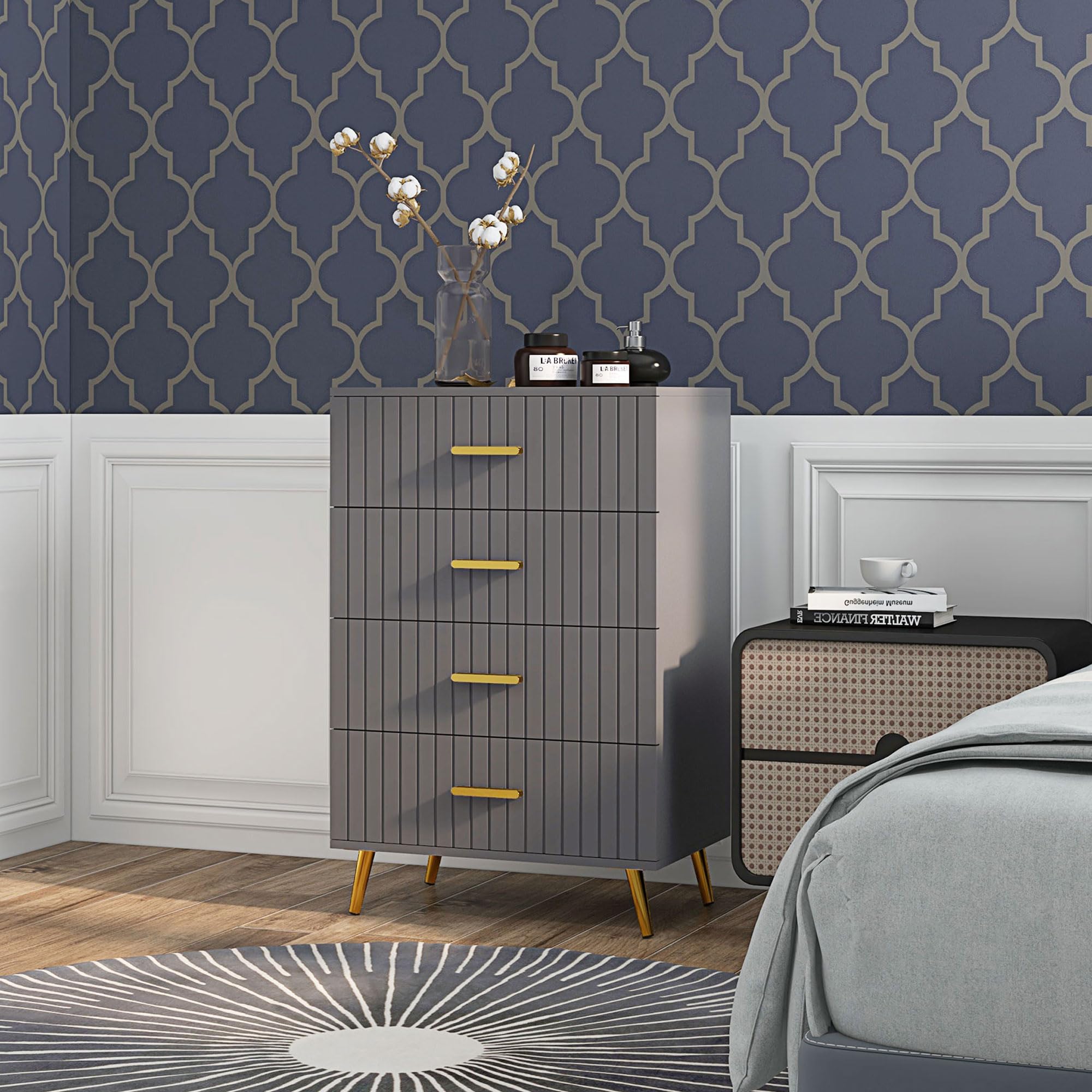 HOMCOM Cassettiera 4 Cassetti Moderna, 60x40x90 cm, Oro e Grigio Scuro