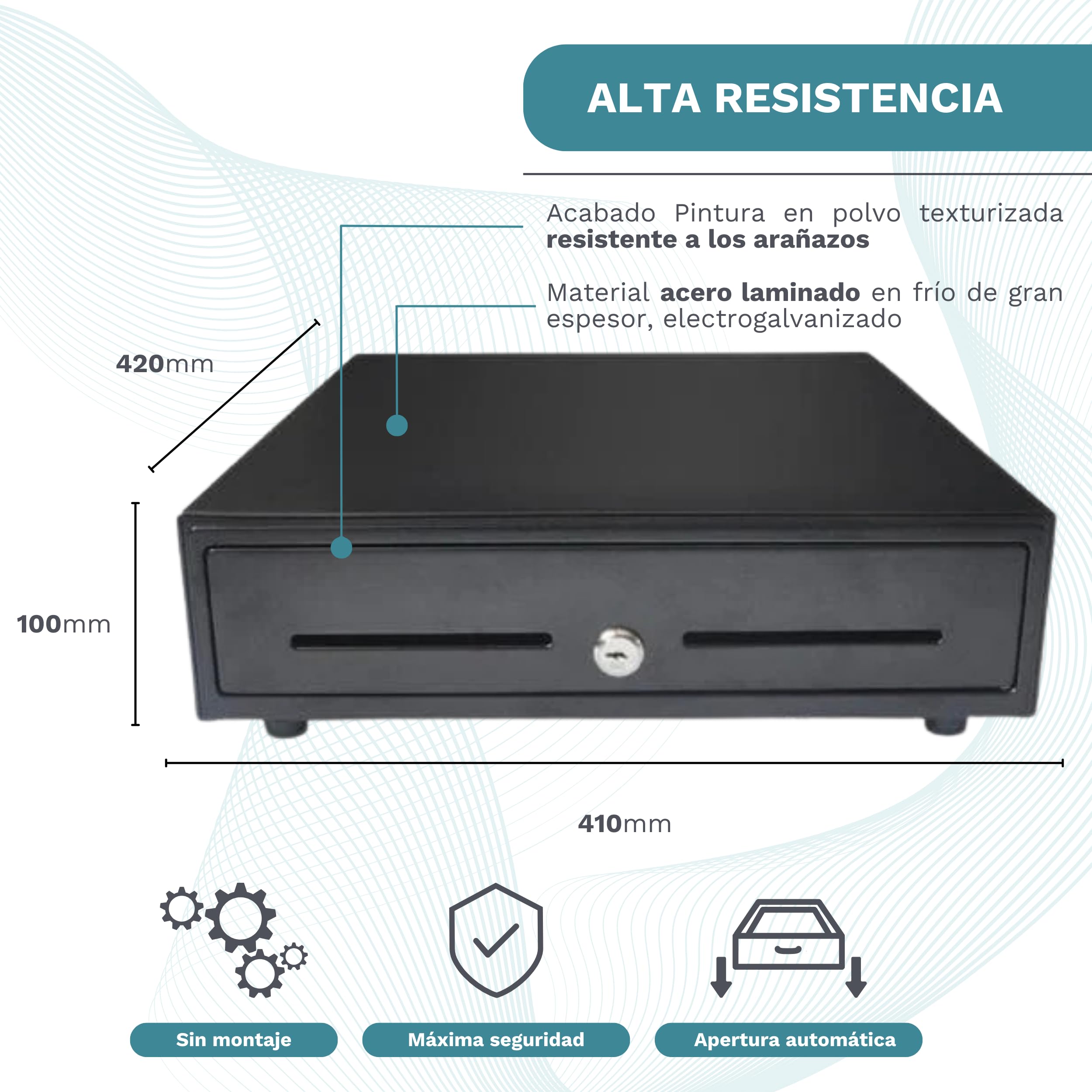 Cajón Portamonedas Caja Registradora - Apertura Automática RJ11 o Manual con Llaves - Organizador de Dinero 4 Compartimentos para Billetes 8 para Monedas - 41x42x11cm - Estructura Metálica - Negro