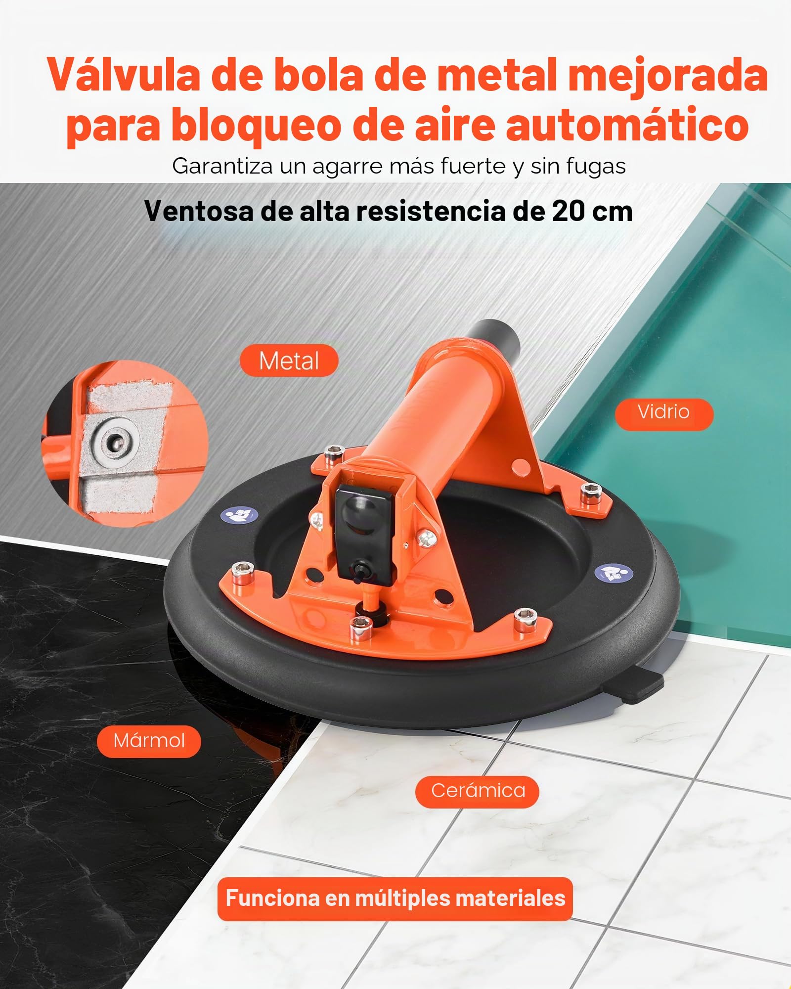 VEVOR Ventosa de Vacío, con Mango de Metal, Capacidad de Elevación 195 kg, con Estuche de Transporte, para Levantar Azulejos Grandes, Granito, Paneles de Yeso, Ventanas, 2 uds, 203 x 203 x 100 mm