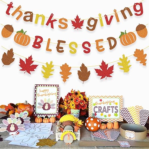 Miniatura 4 de Simife Decoraciones de Acción de Gracias Cartel brillante de agradecimiento y bendición, guirnalda de hojas de otoño para decoración de Acción de