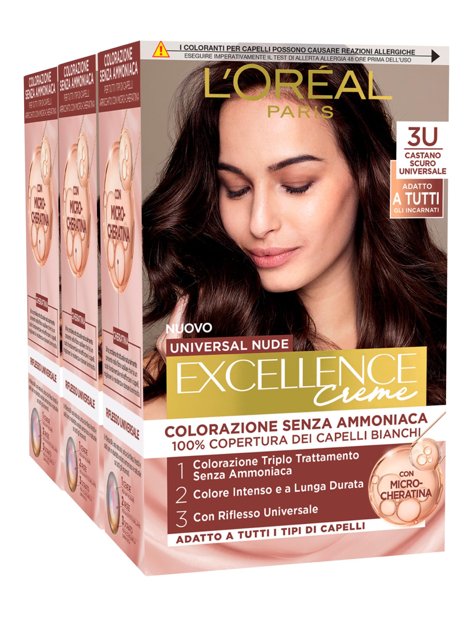 L'Oréal Paris Tinta Permanente Excellence Creme Universal Nude 3U Castano Scuro Universale Colorazione Triplo Trattamento Copre 100% dei Capelli Bianchi Senza Ammoniaca - 3 Tinte